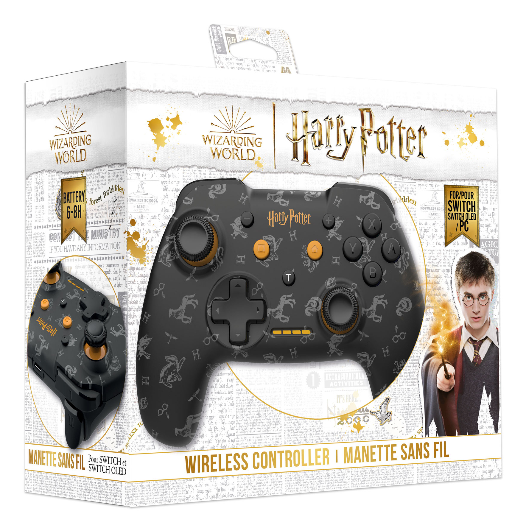 Kontroler Harry'ego Pottera w pudełku. Czarny kontroler, tekst Harry Potter i czarodziej.