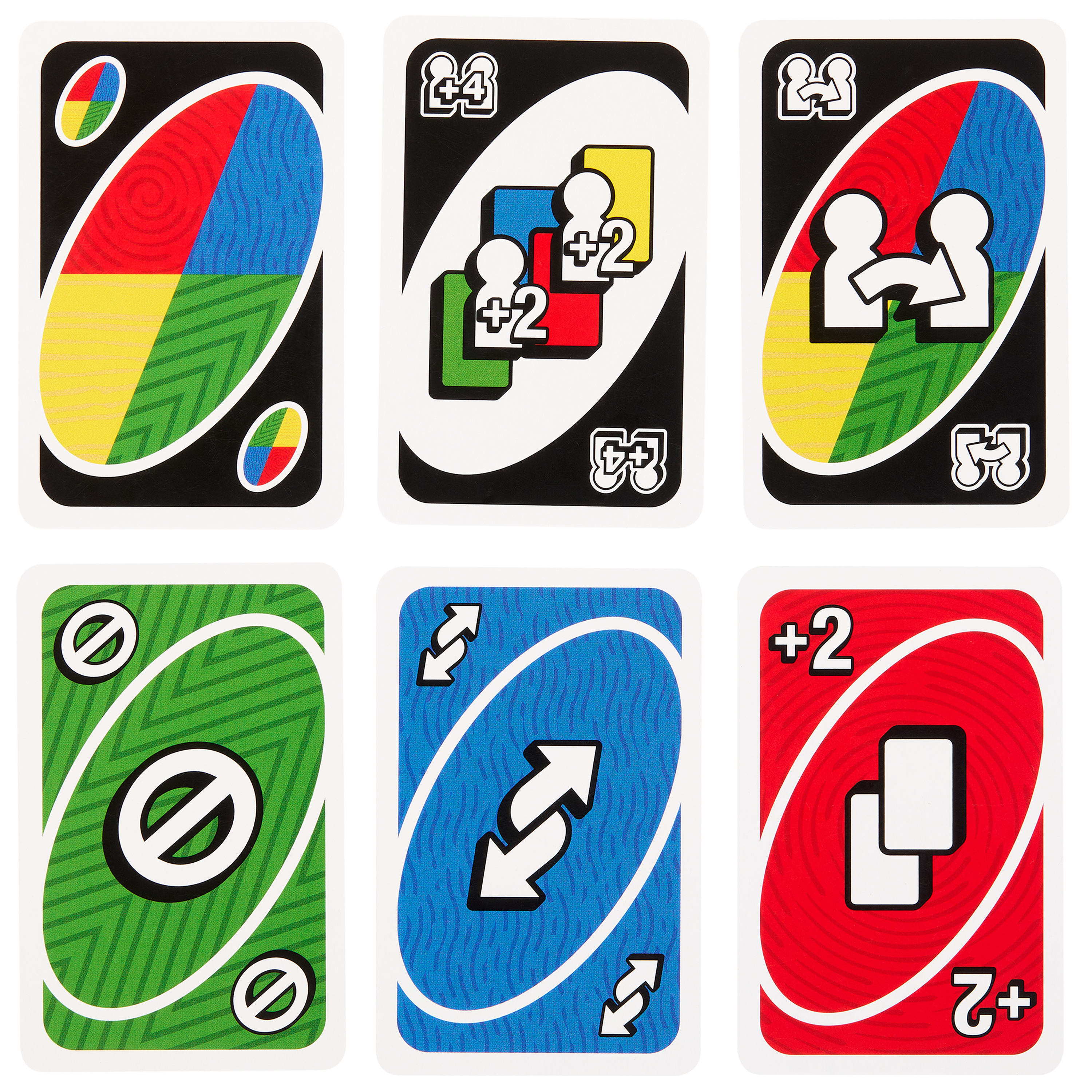Seis cartas Uno: Robar cuatro, +2, inverso, saltar verde, inverso azul y rojo +2, sobre superficie blanca.