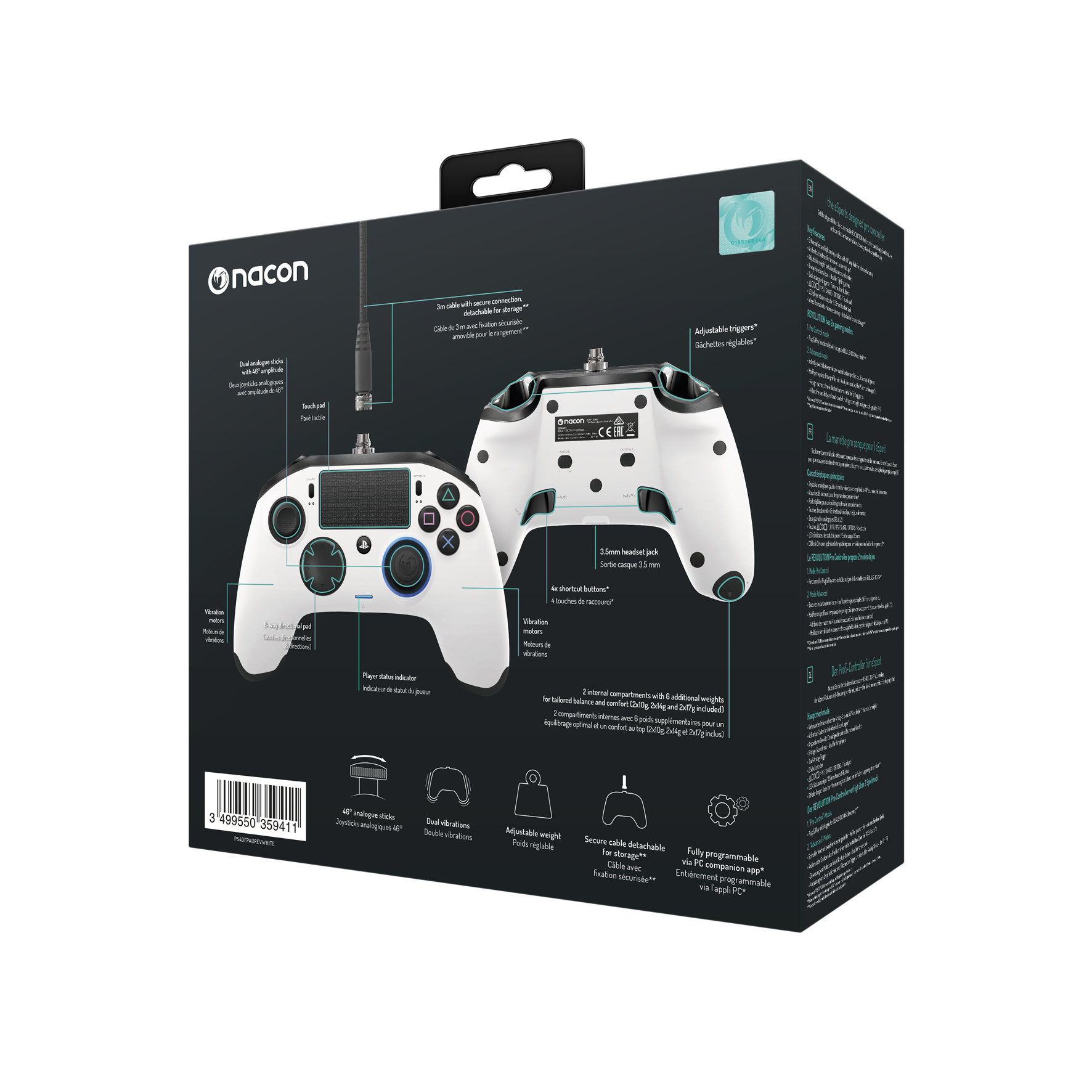 Rückseite einer weißen und schwarzen Nacon Controllerbox mit Controllerdetails.