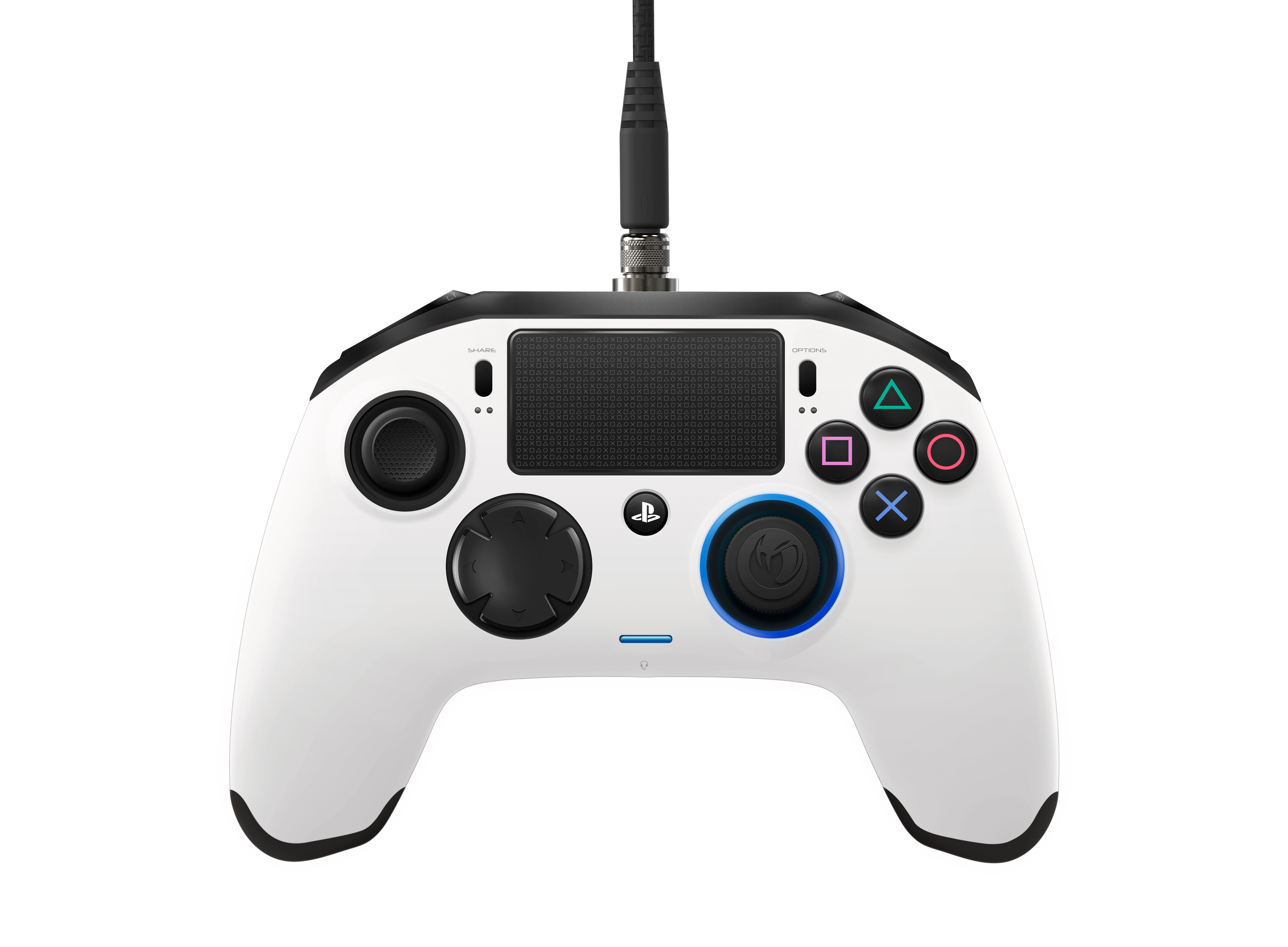Weißer PlayStation-Controller mit schwarzen Akzenten, blauem Licht und angeschlossenem Kabel.