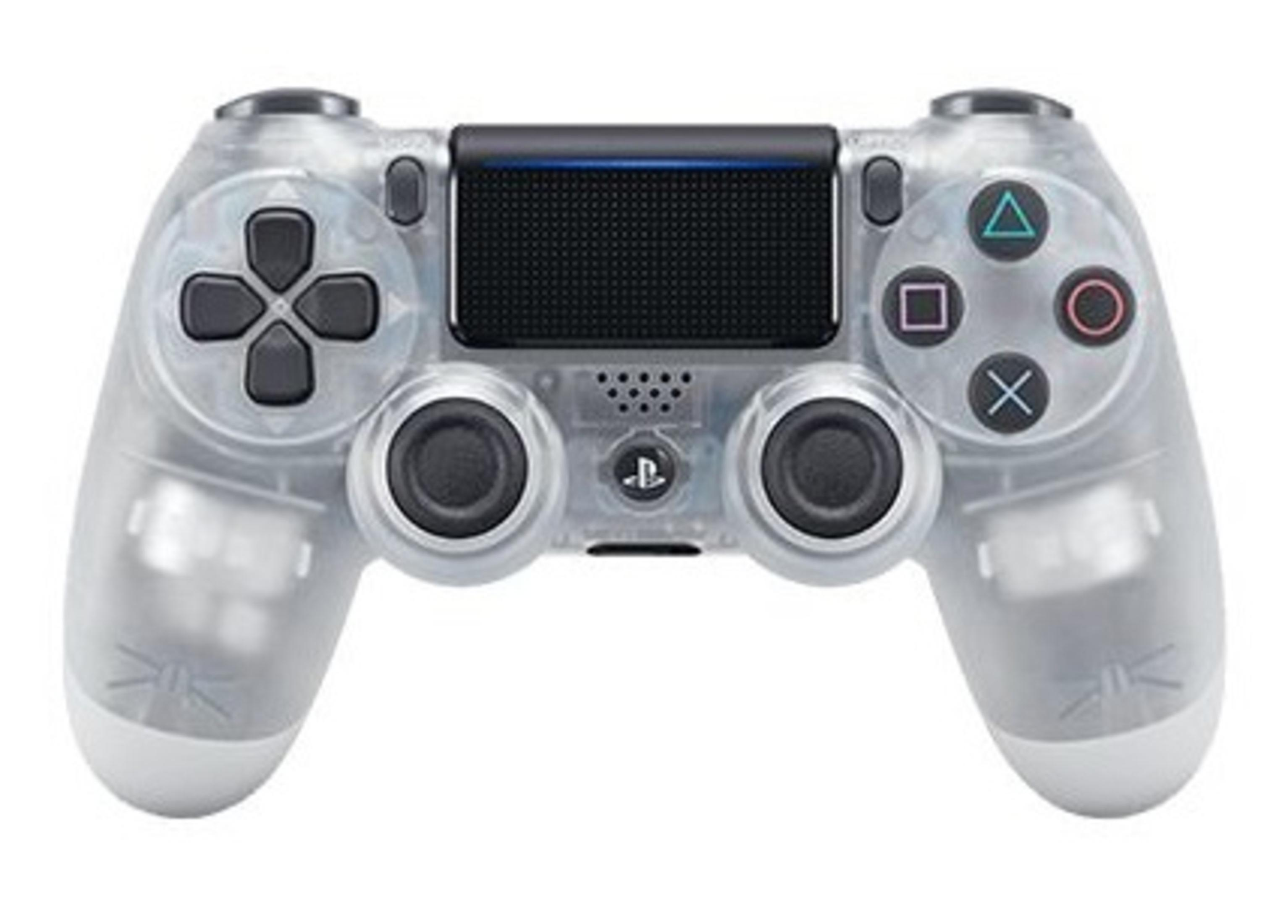 Controller PS4 trasparente, pulsanti visibili. Presenti triangolo, quadrato, croce e cerchio.