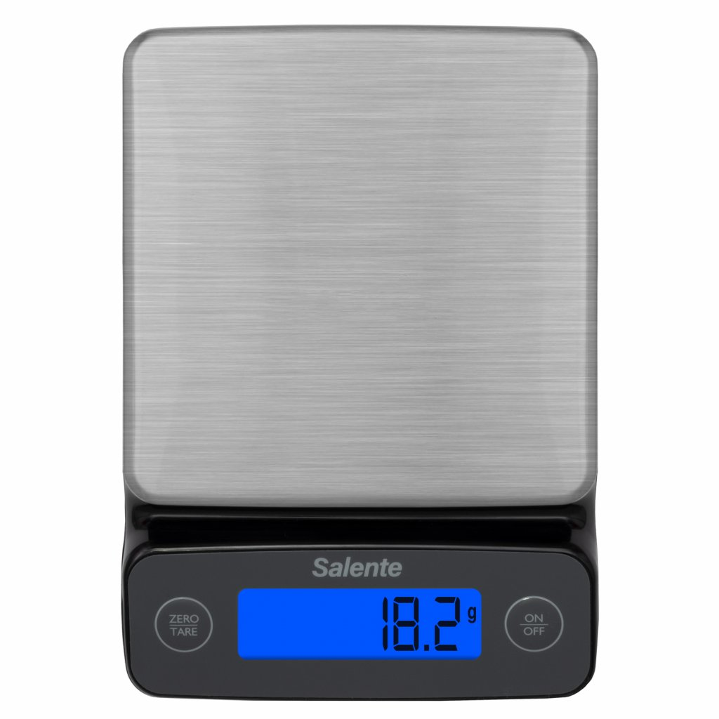Digitale Küchenwaage. Schwarz mit silberner Oberfläche, zeigt '18,2 g'.