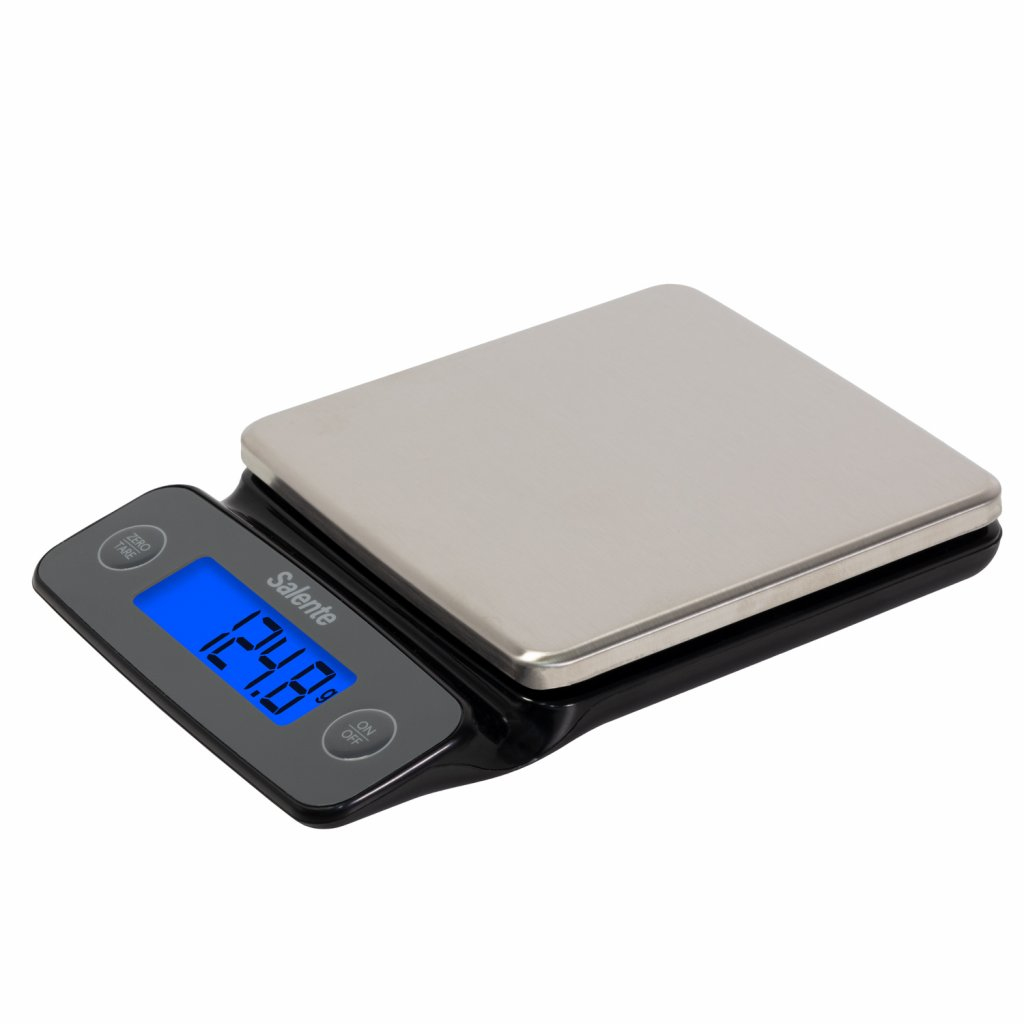 Digitale Küchenwaage mit blauem Display, das 124,8 g anzeigt. Die Waage hat einen schwarzen Sockel und eine silberne Oberseite.
