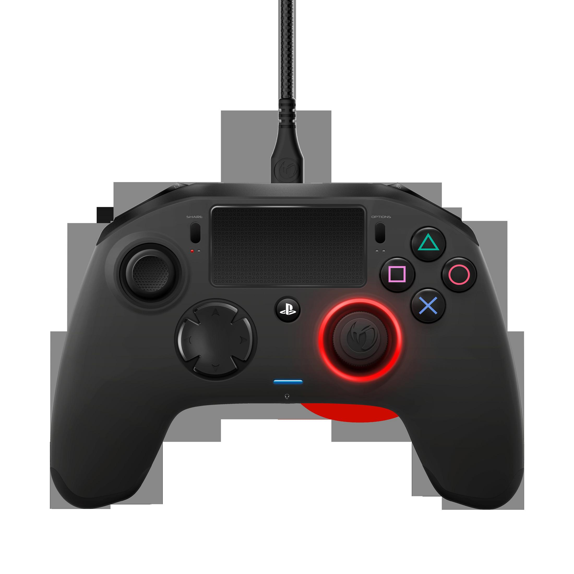 Controller PS4 nero con centro e pulsanti rossi luminosi. Cablato con cavo nero.