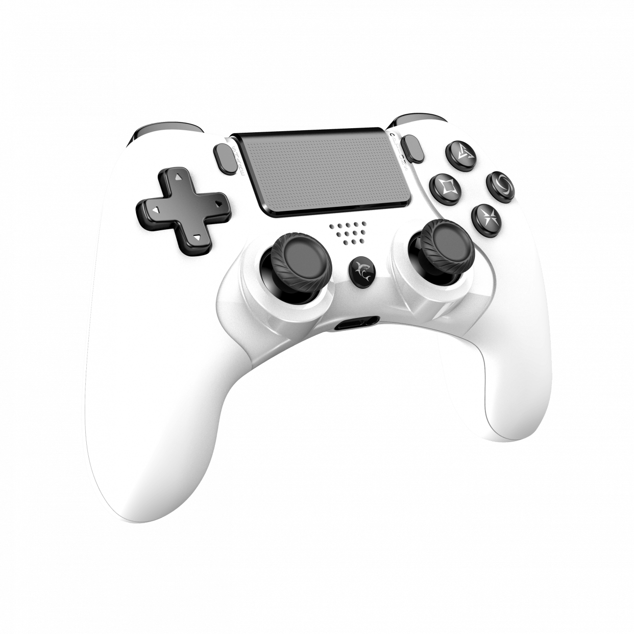 Controller Playstation bianco e nero. Include pulsanti, una croce direzionale e joystick.