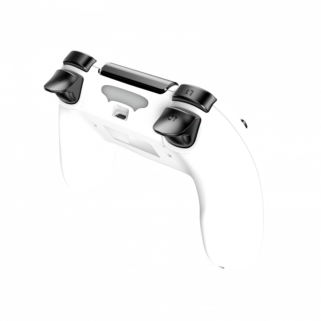 Controller Playstation bianco, vista posteriore. Include i pulsanti L1, L2, R1 e R2.