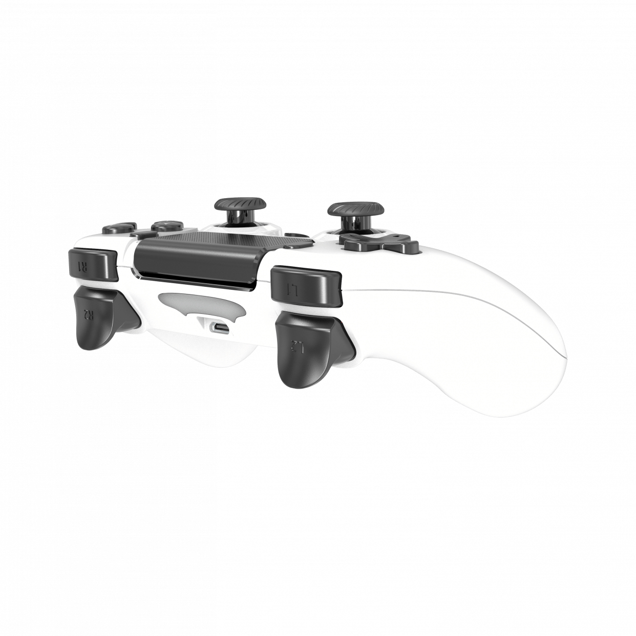 Controller Playstation bianco, vista posteriore. Include i pulsanti L1, L2, R1 e R2.