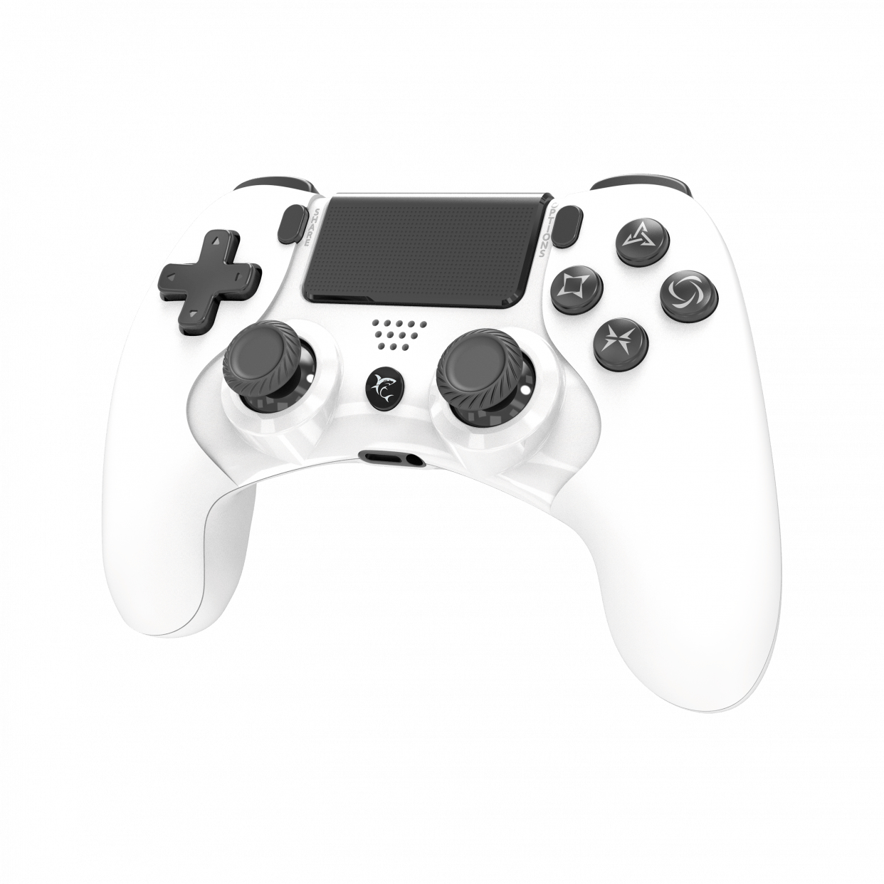 Controller Playstation bianco con pulsanti e joystick. Dispone di un touchpad nero.