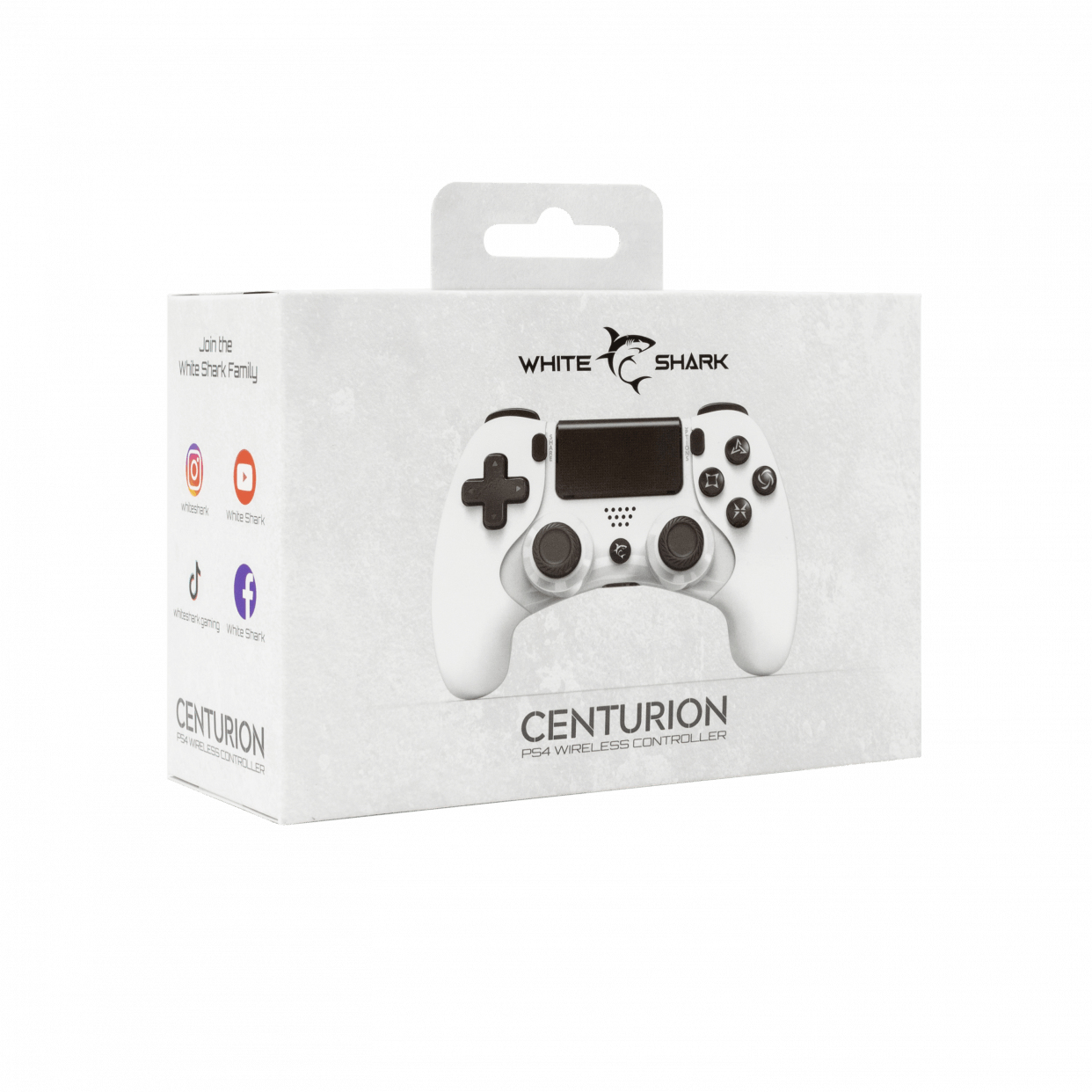 Scatola del controller di gioco White Shark. Il controller è bianco. Include un'immagine del controller.
