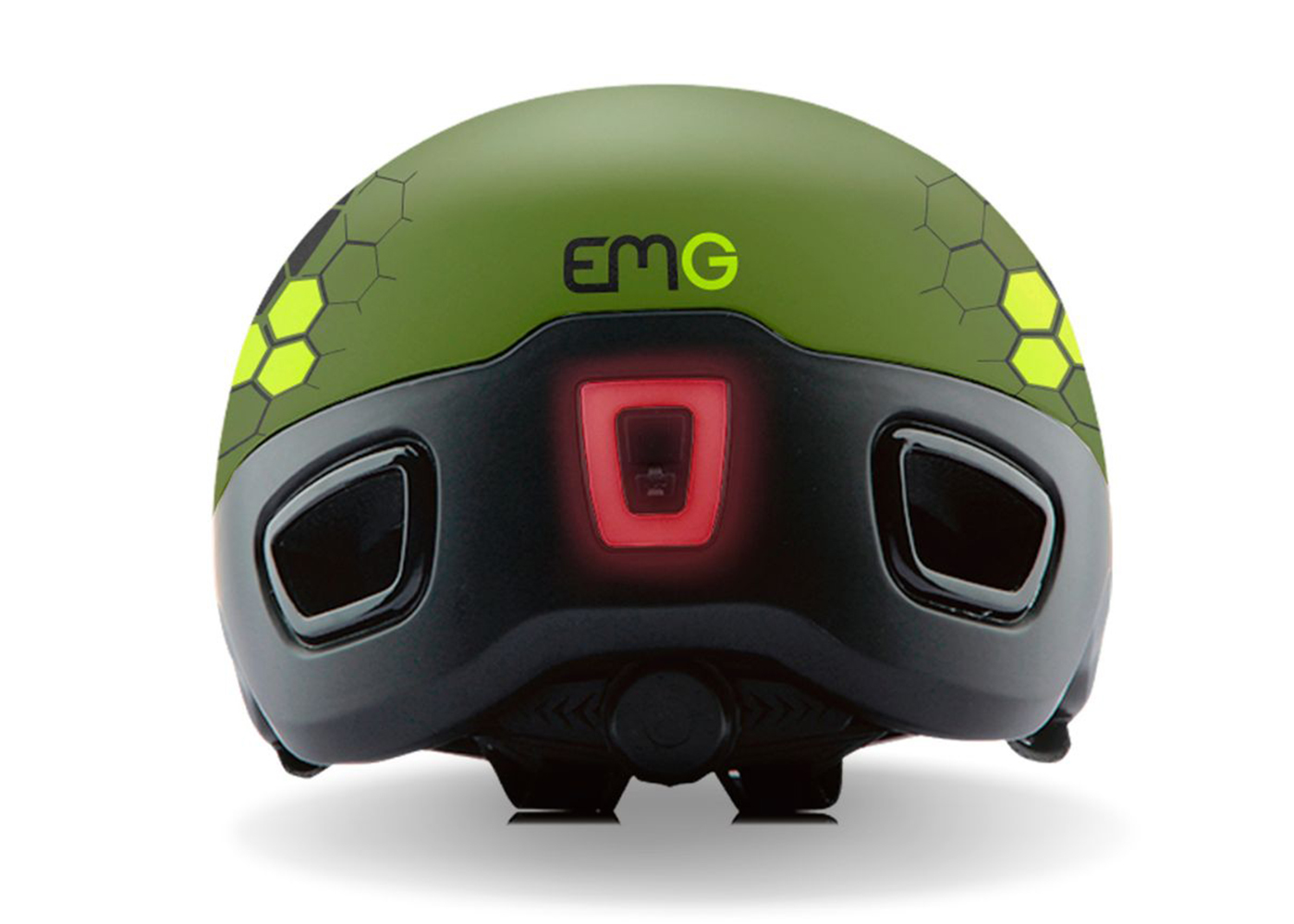 Zielony kask z czerwonym światłem z tyłu. Ma czarną podstawę.