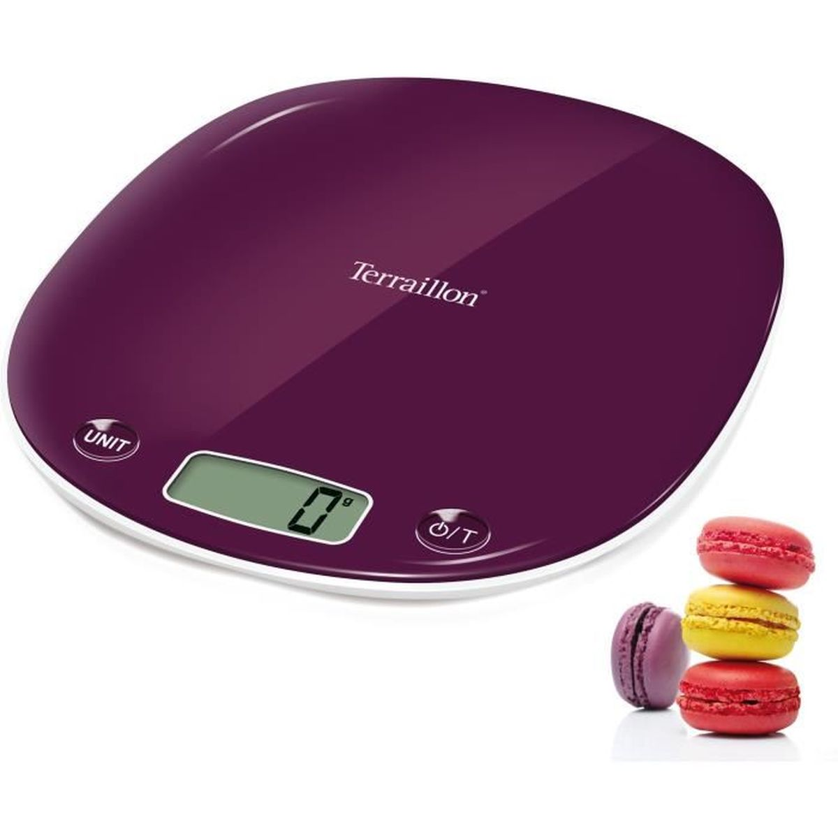 Bilancia da cucina viola con display digitale e macarons. La bilancia è su sfondo bianco.