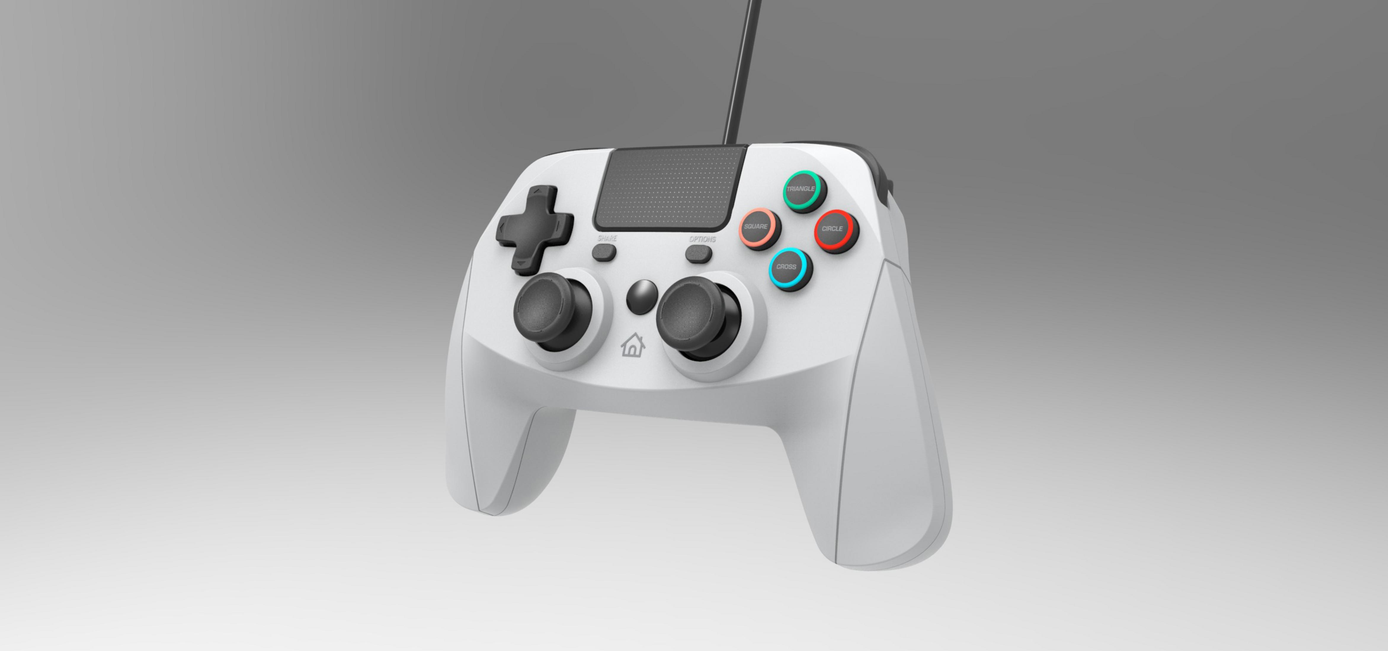 Ein weißes Gamepad mit schwarzen Joysticks und Tasten. Die Oberseite hat ein schwarzes Steuerkreuz und einen Bildschirm, mit USB-Kabel.
