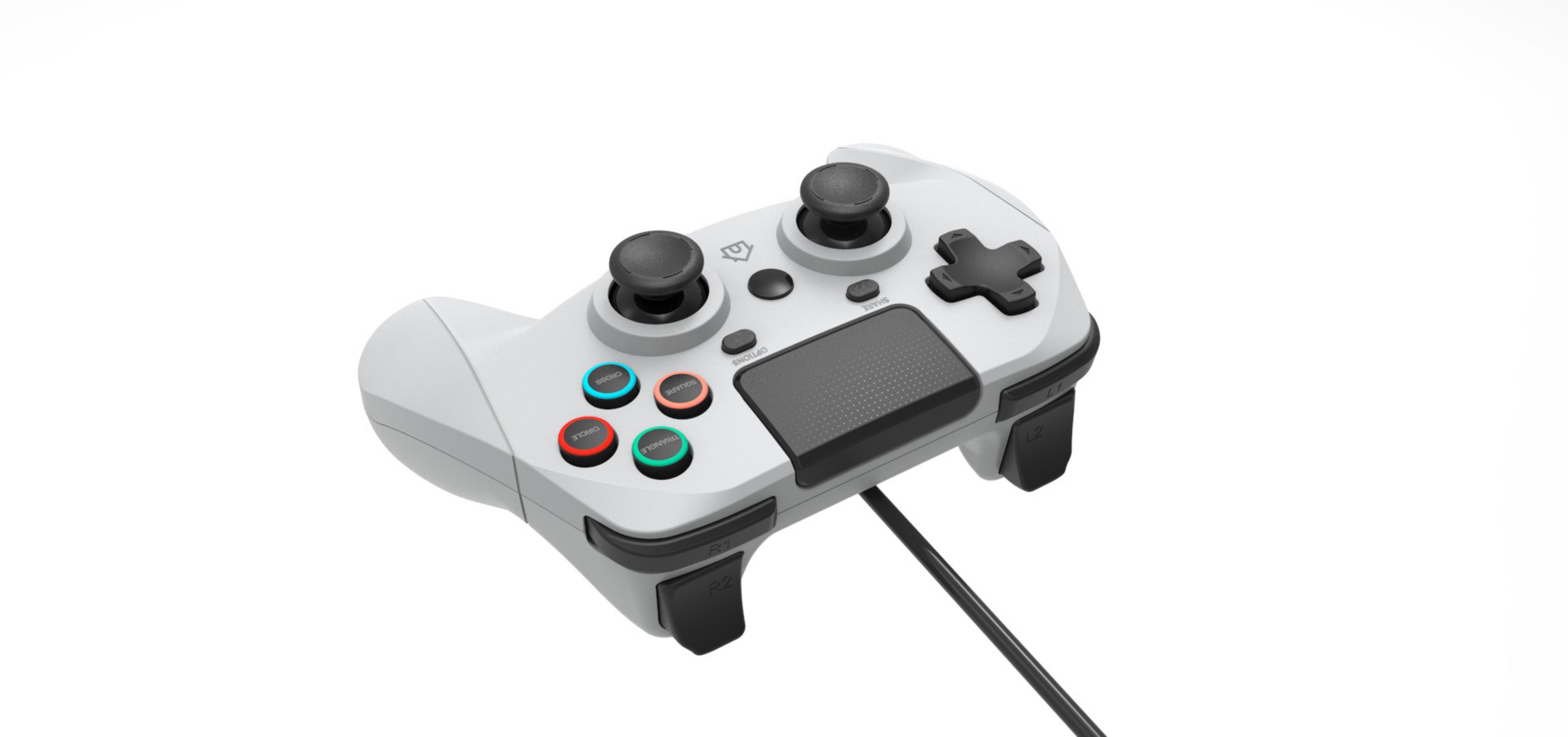 Ein weiß-grauer Spielcontroller. Es hat Knöpfe und Joysticks.