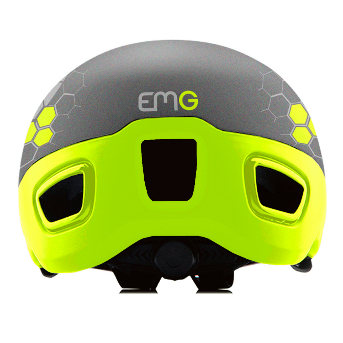 Szary i neonowo-żółty kask EMG. Kask ma wzór plastra miodu.