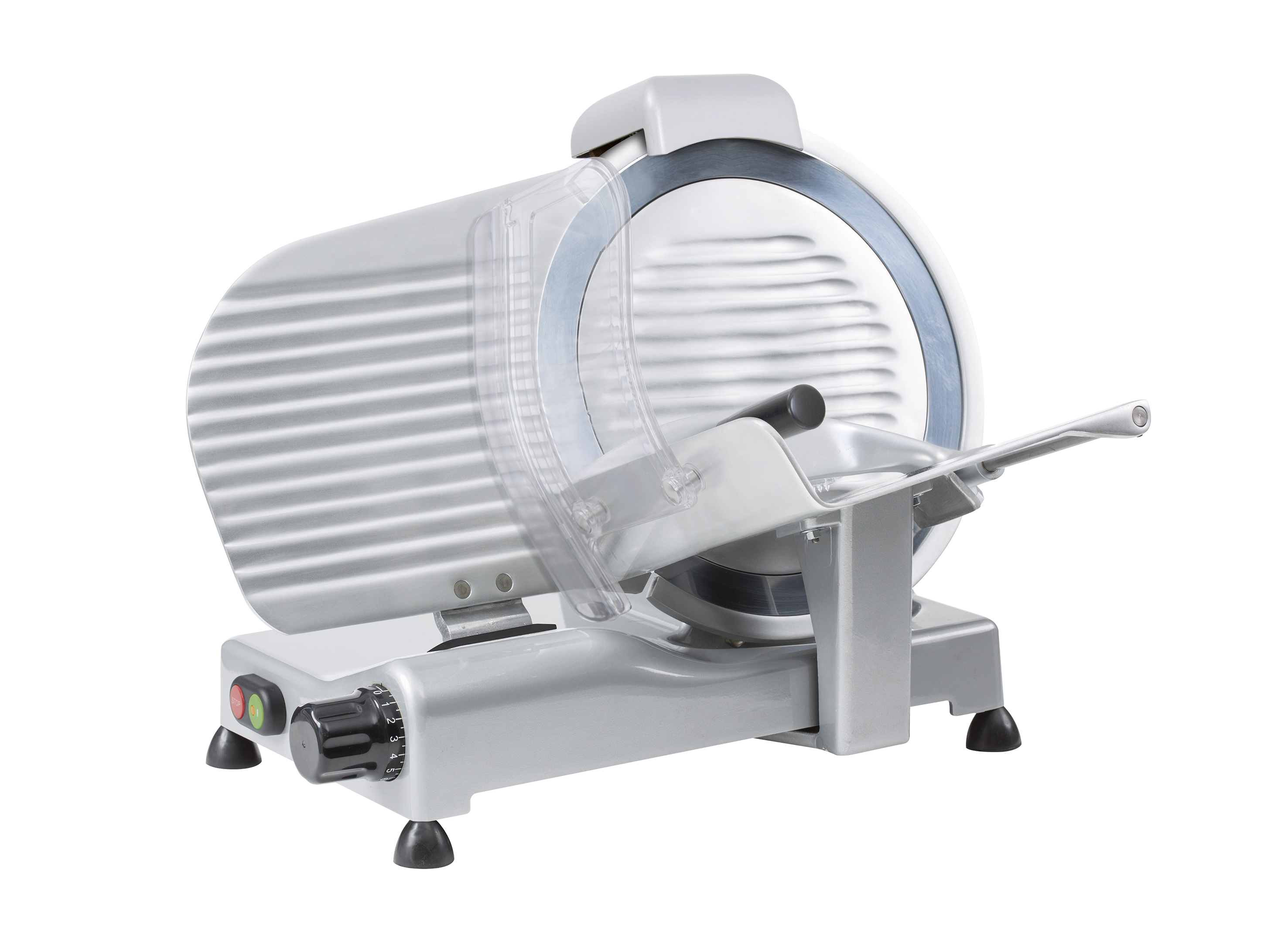 Srebrna i szara krajalnica do mięsa. Posiada duże ostrze i przezroczystą osłonę.