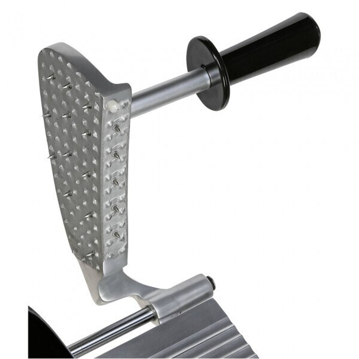 Narzędzie do zmiękczania mięsa z uchwytem i kolcami. Wykonane z metalu, kolce są w układzie siatki.