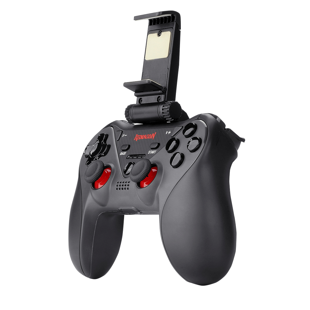 Czarny gamepad Redragon z uchwytem na telefon i czerwonymi akcentami.