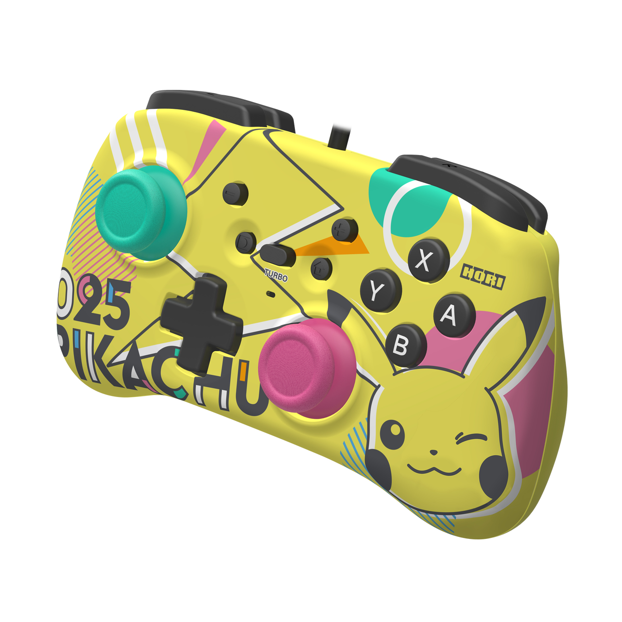 Żółty gamepad Pikachu z różowymi i zielonymi akcentami.
