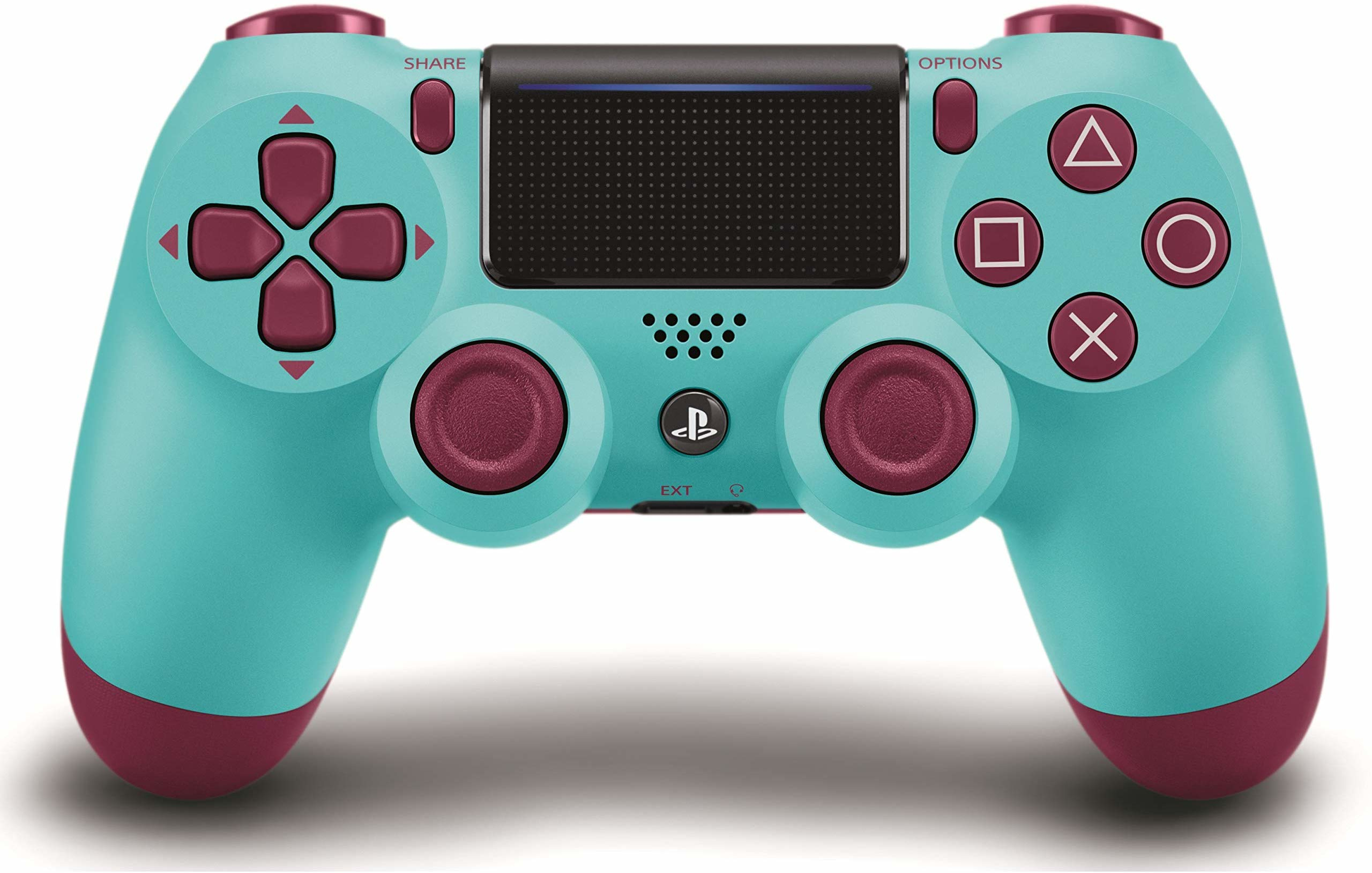 Türkis und magenta PS4-Controller mit Tasten-Symbolen und Touchpad.