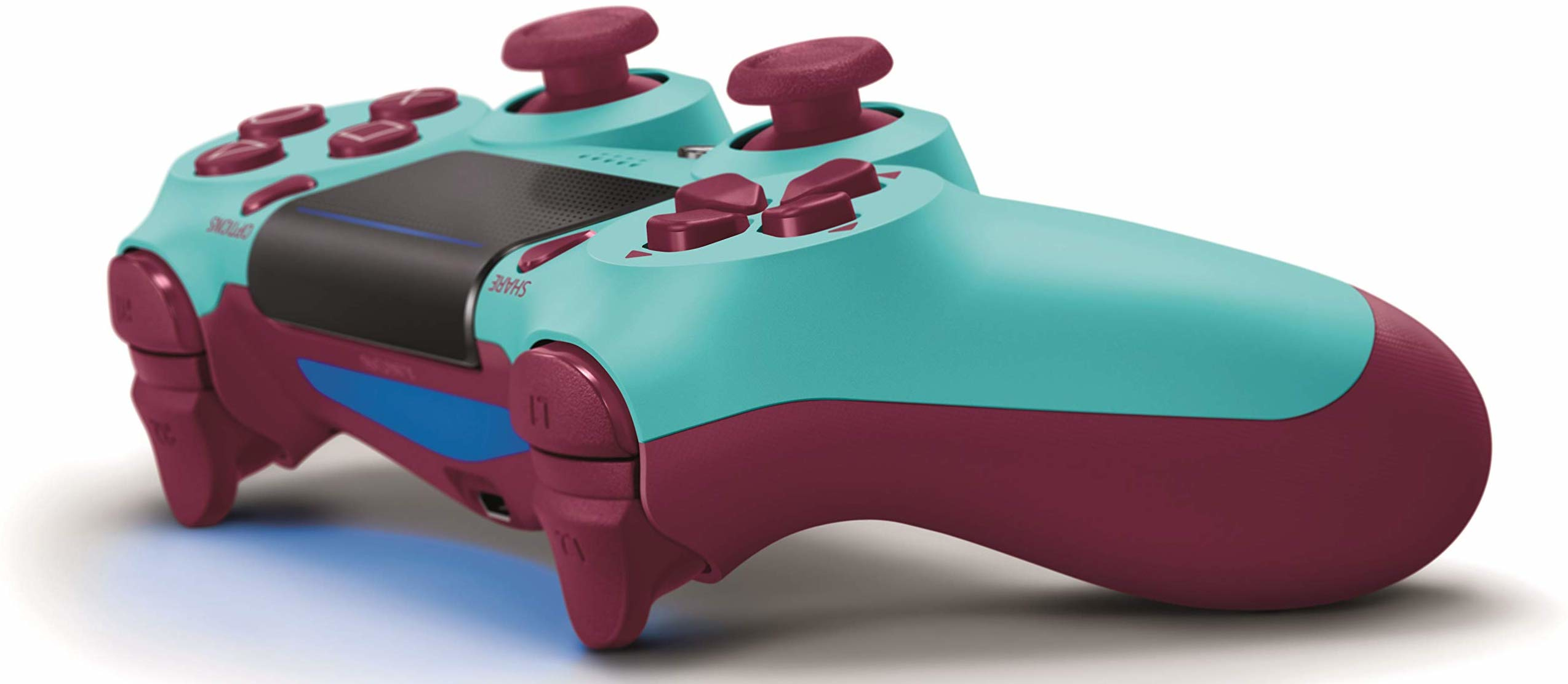 Türkis und burgunderroter Gamecontroller. Schwarzes Zentrum mit Knöpfen. Weißer Hintergrund.