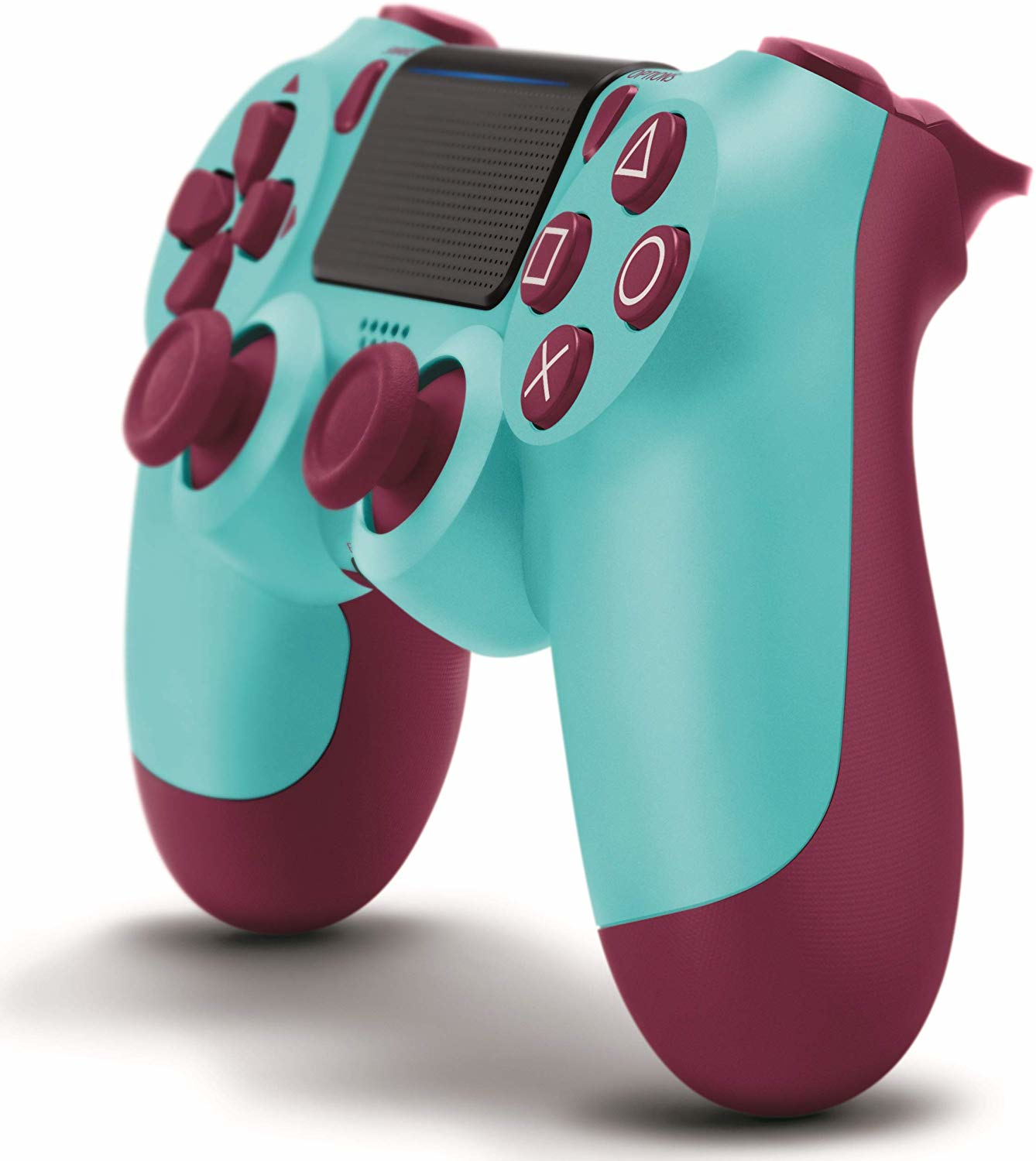 Türkis und magenta PS4-Controller, mit Tasten-Symbolen und Joysticks.