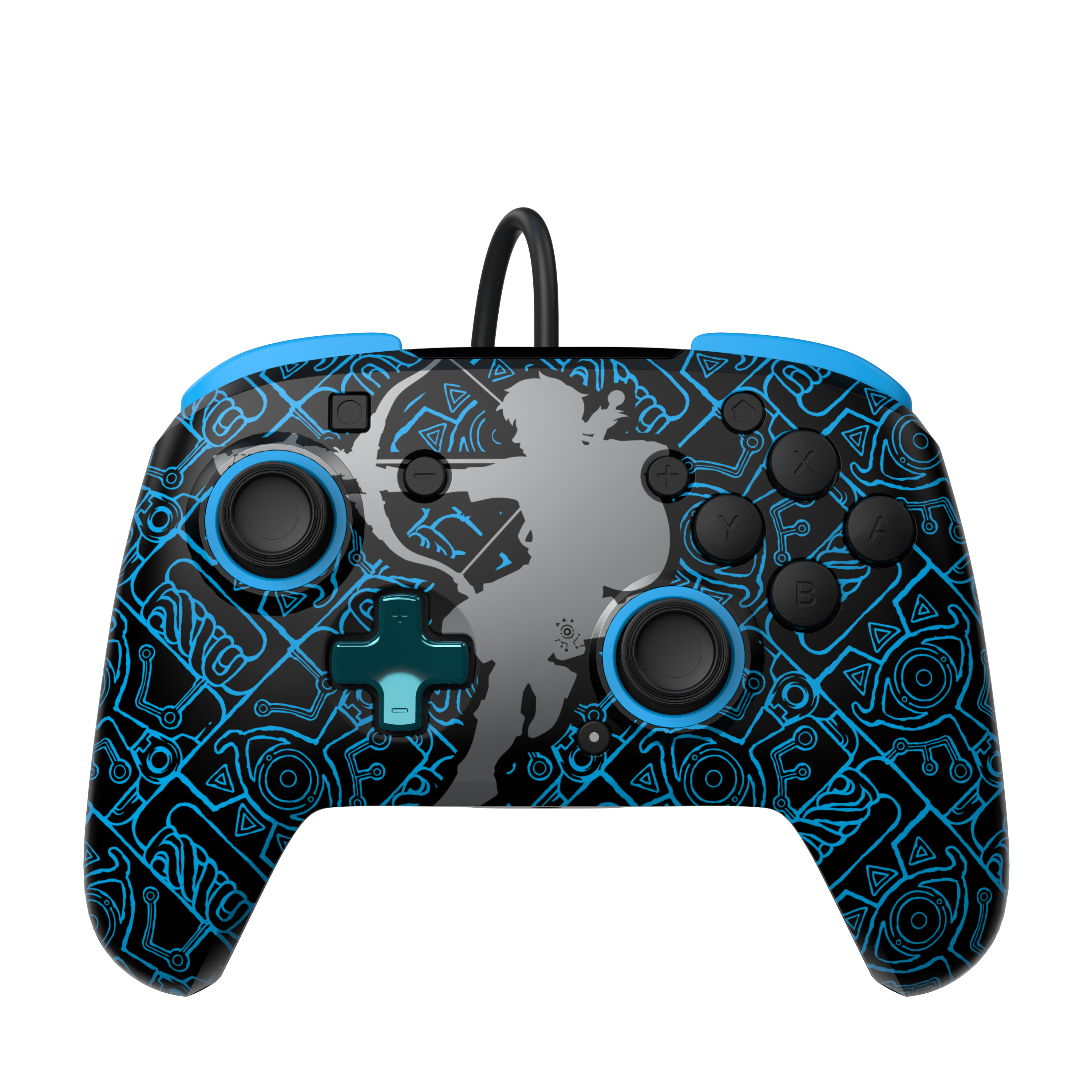 Czarny i niebieski kontroler do gier z wzorem i czarnym kablem. Białe tło.