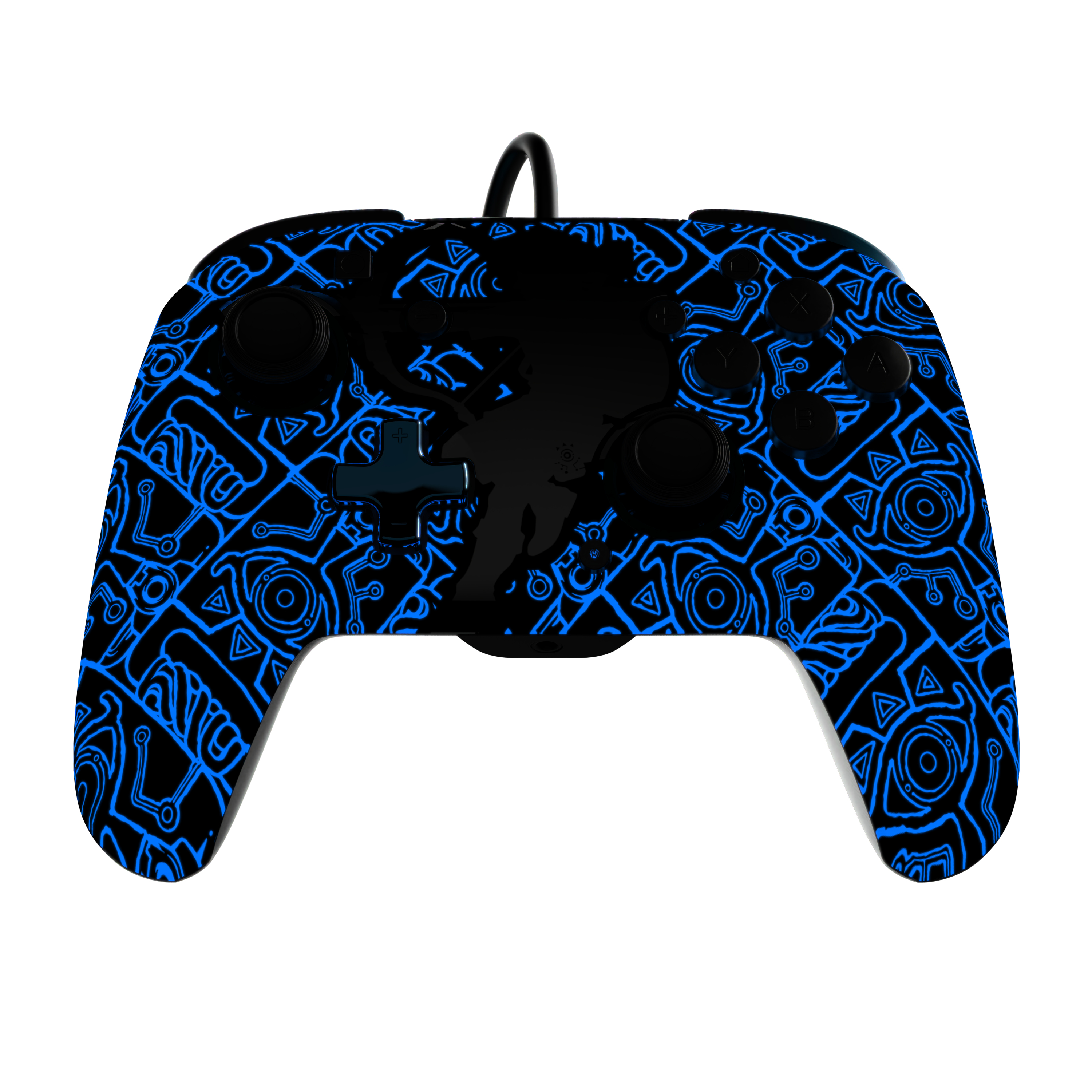 Czarno-niebieski kontroler z motywem Zeldy, z czarnym kablem na białym tle.