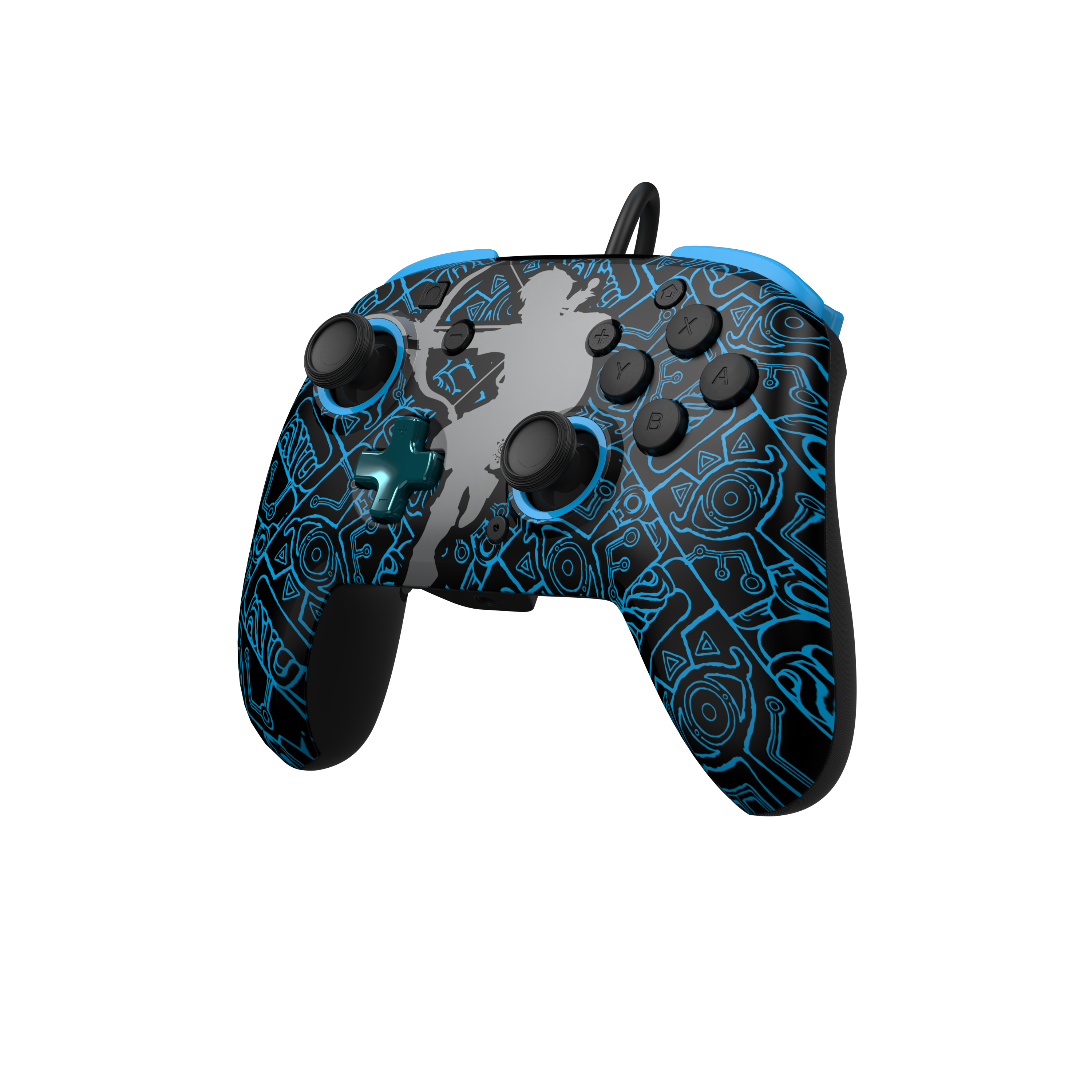 Niebiesko-czarny kontroler Zelda z czarnym kablem na białym tle.