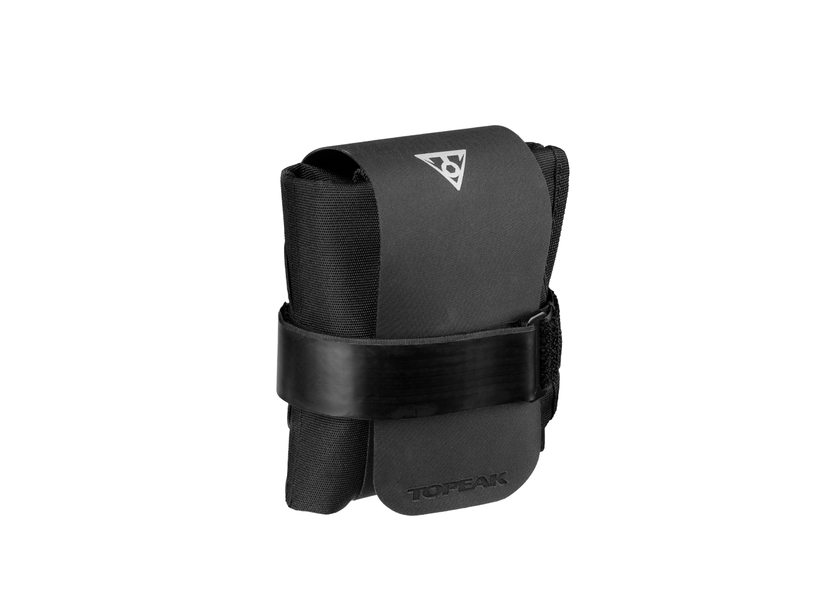 Czarna torba na siodełko rowerowe z paskiem na rzep i białym logo.