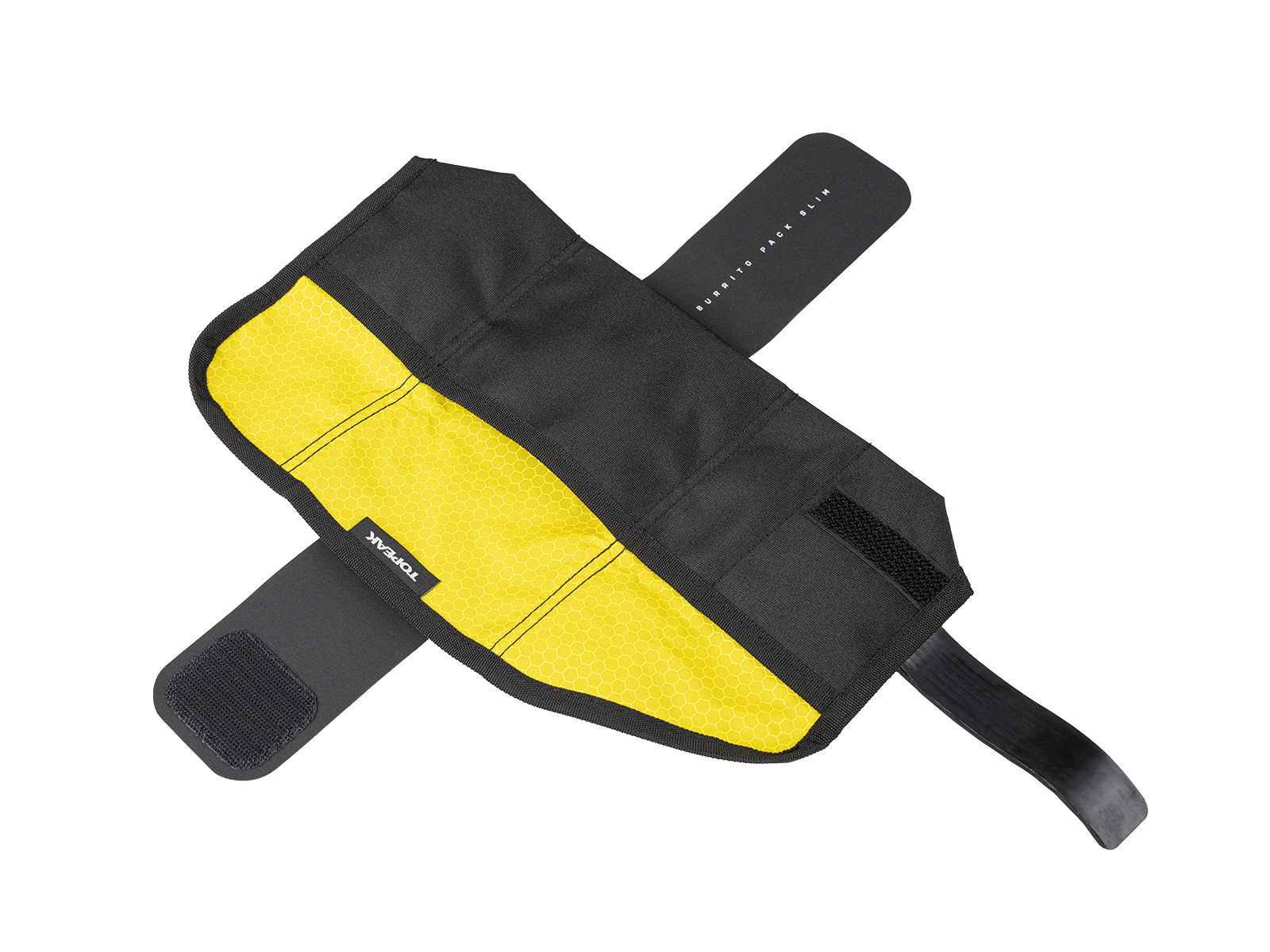 Czarna torba na siodełko rowerowe z żółtym wnętrzem i paskami na rzep, otwarta.