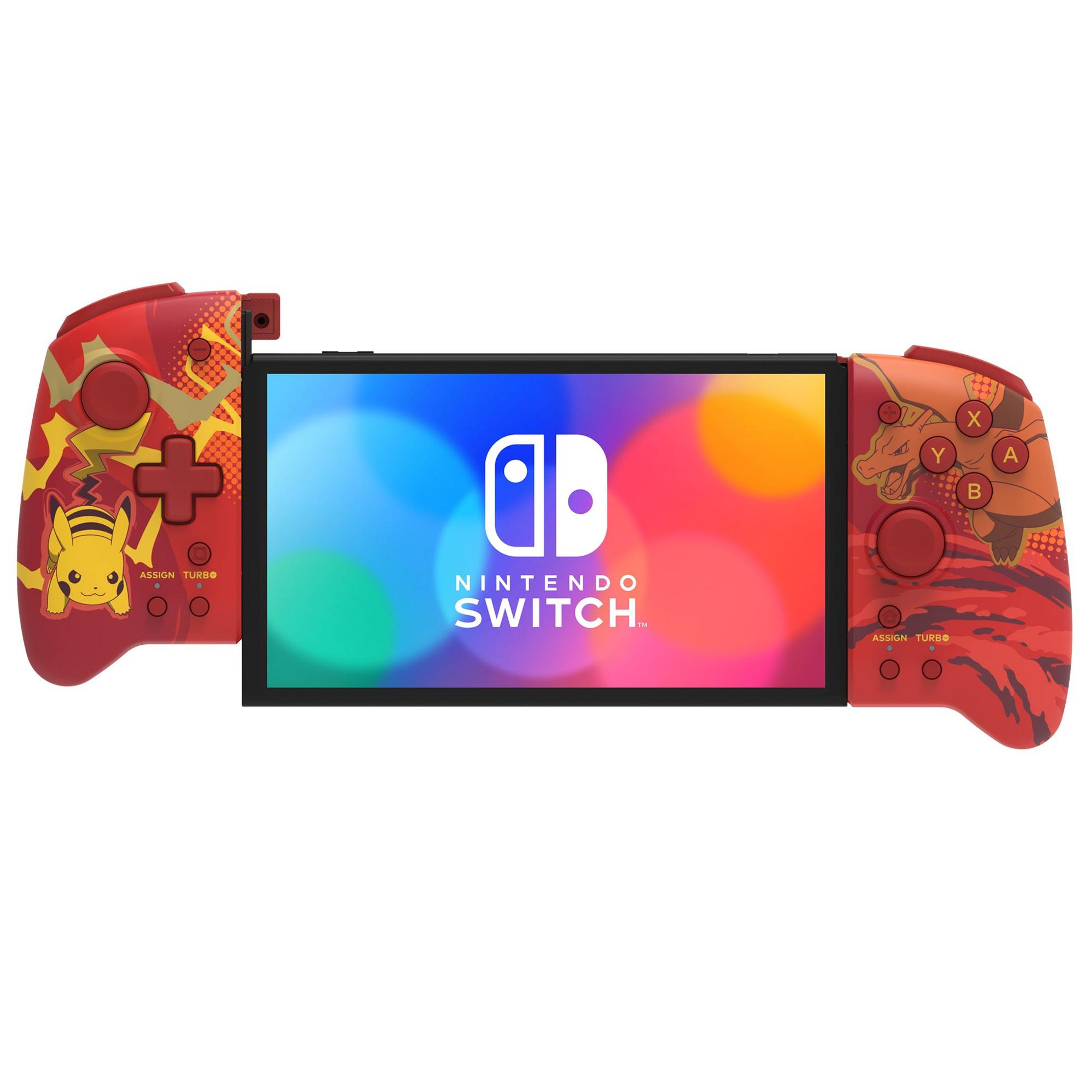 Czerwono-czarny kontroler Nintendo Switch odłączony. Ekran widoczny. Białe tło.