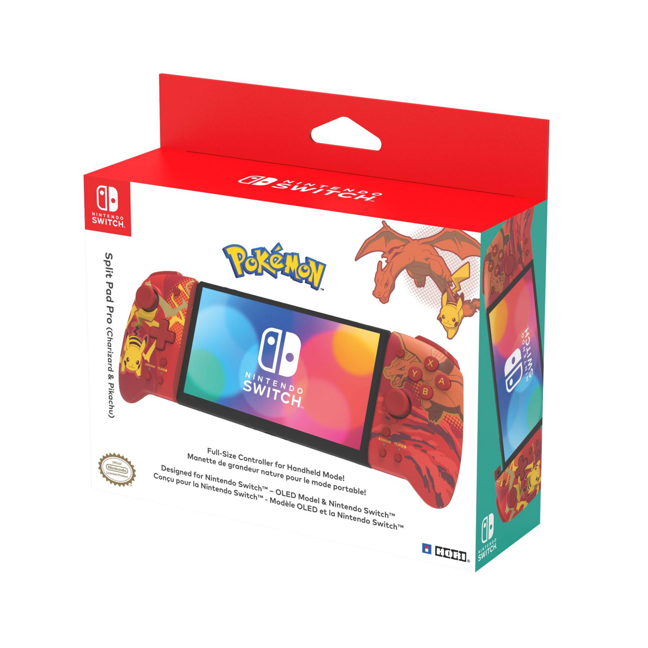 Czerwono-czarny kontroler i ekran Nintendo Switch w pudełku. Białe tło.