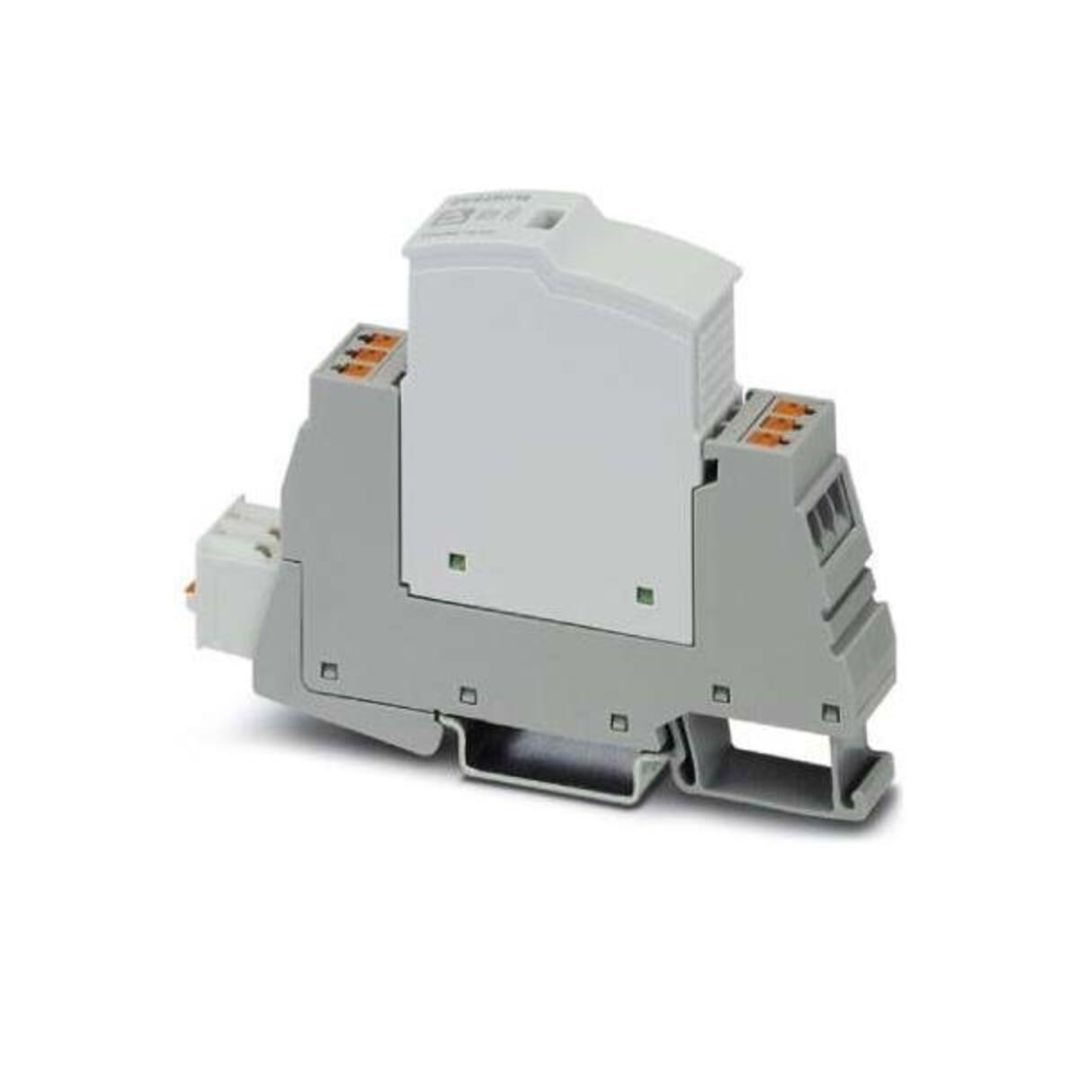 Szary i biały komponent elektroniczny. Ma kilka zacisków. Białe tło.