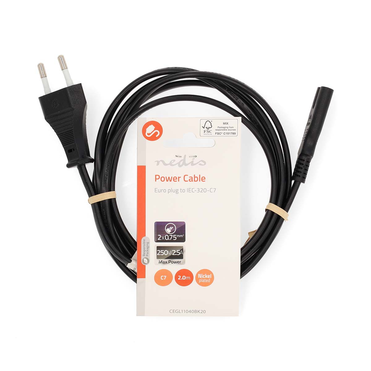 Cable de alimentación negro con enchufe europeo y conector C7. Etiqueta blanca con detalles.