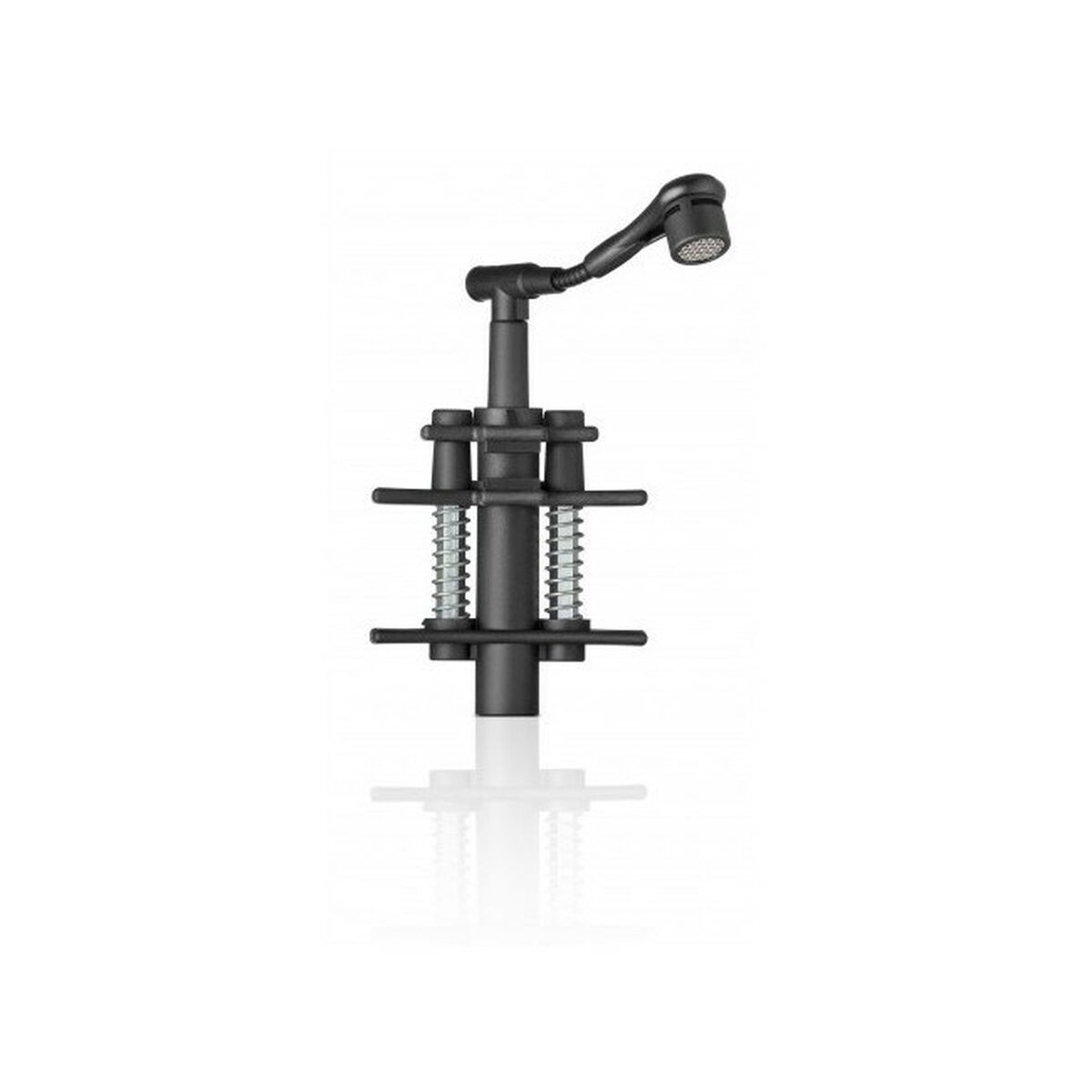 Czarna głowica prysznicowa z długą szyjką i uchwytem z odblaskową powierzchnią.