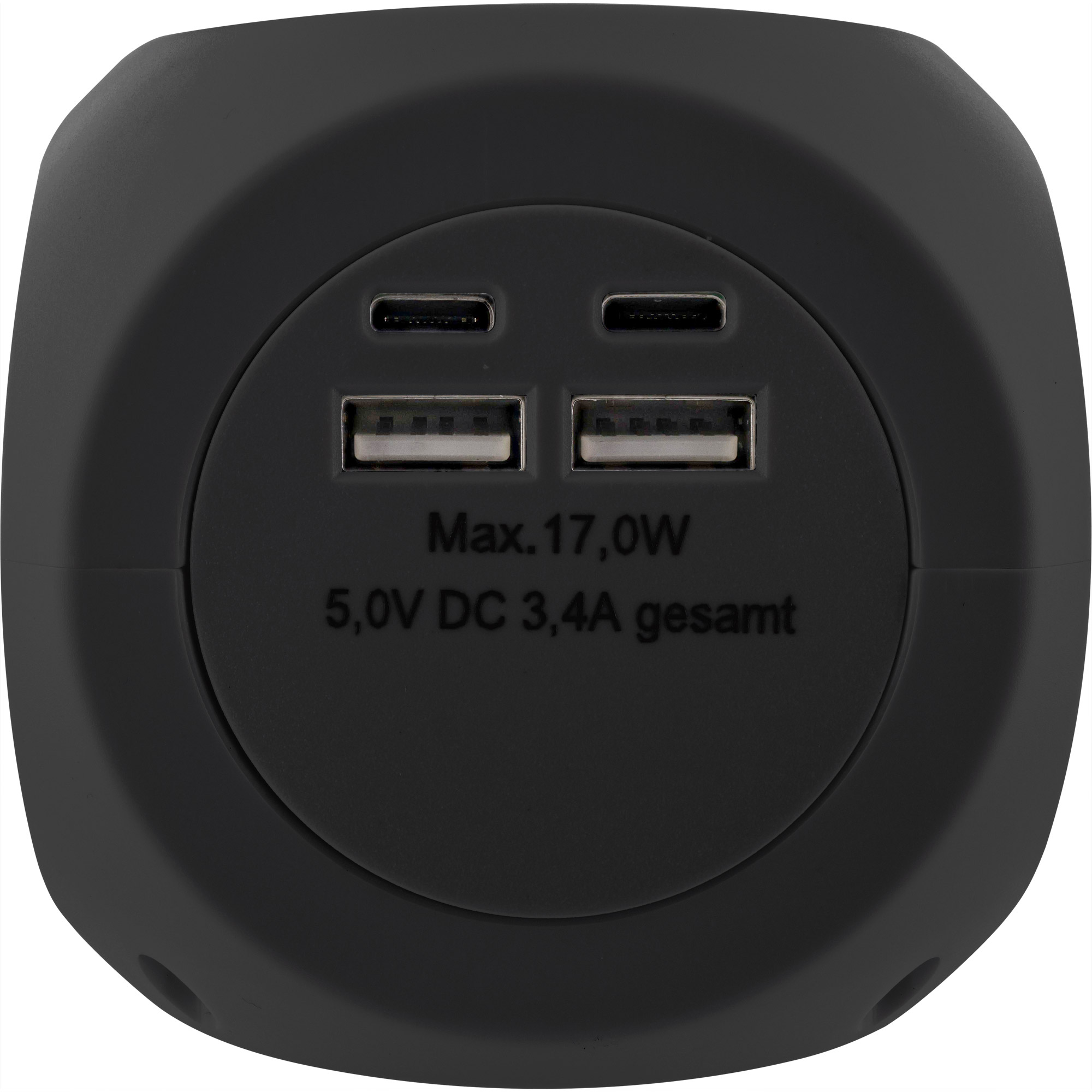 Prise de courant noire avec deux ports USB, Max. 17,0W, 5,0V DC 3,4A. Fond noir.