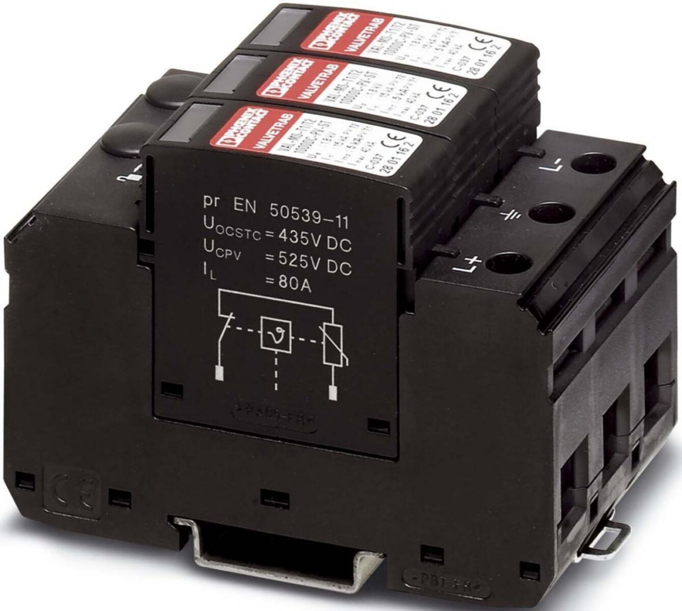 Czarny i czerwony komponent elektryczny z etykietami. Ma trzy czarne pudełka i czarną podstawę.