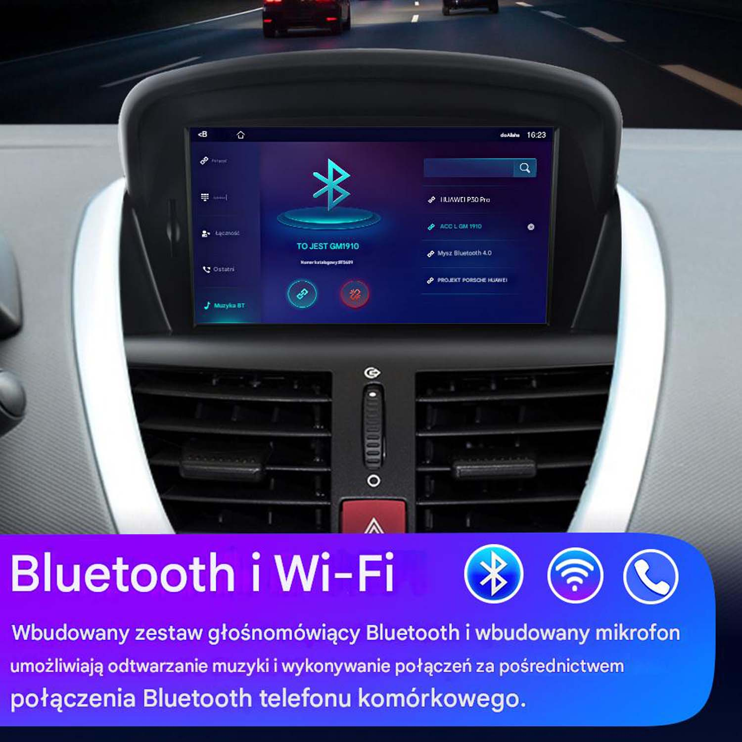 System informacyjno-rozrywkowy w samochodzie z ekranem wyświetlającym nawigację i Bluetooth.