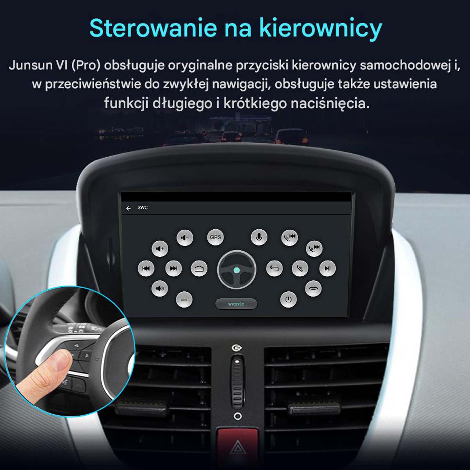 Deska rozdzielcza samochodu z ekranem i przyciskami. Kierownica po lewej.