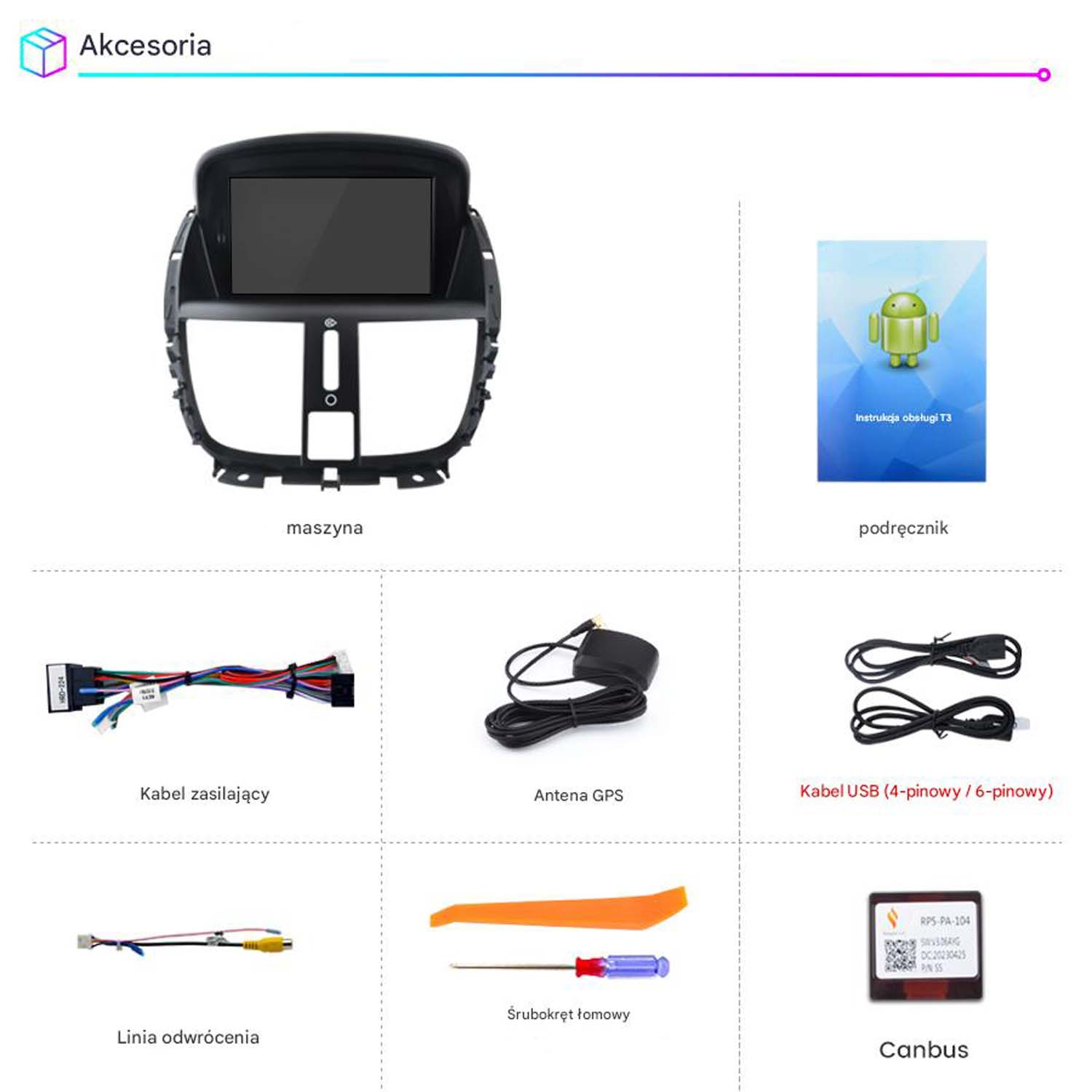 Akcesoria do radia samochodowego: maszyna, instrukcja, kabel zasilający, antena, kabel USB.