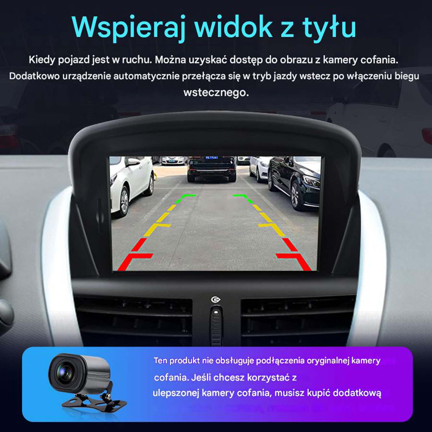 Ekran radia samochodowego wyświetlający widok z kamery cofania z samochodami i prowadnicą.