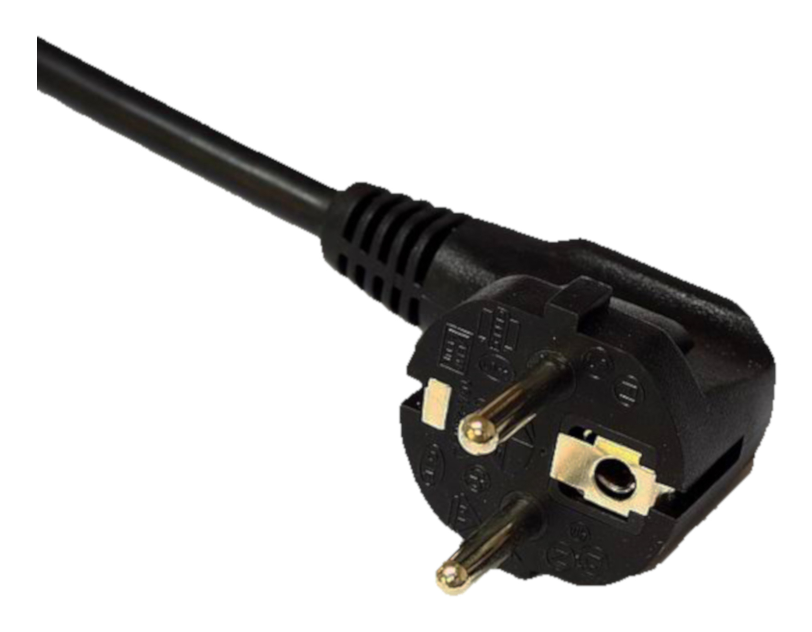 Czarna wtyczka z trzema bolcami podłączona do czarnego kabla.