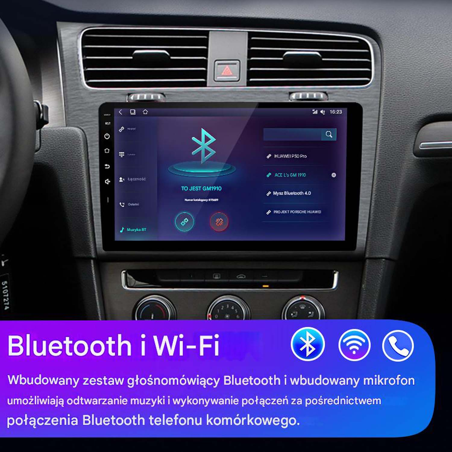 Deska rozdzielcza samochodu z ekranem z informacjami o Bluetooth i Wi-Fi. Tekst po polsku.
