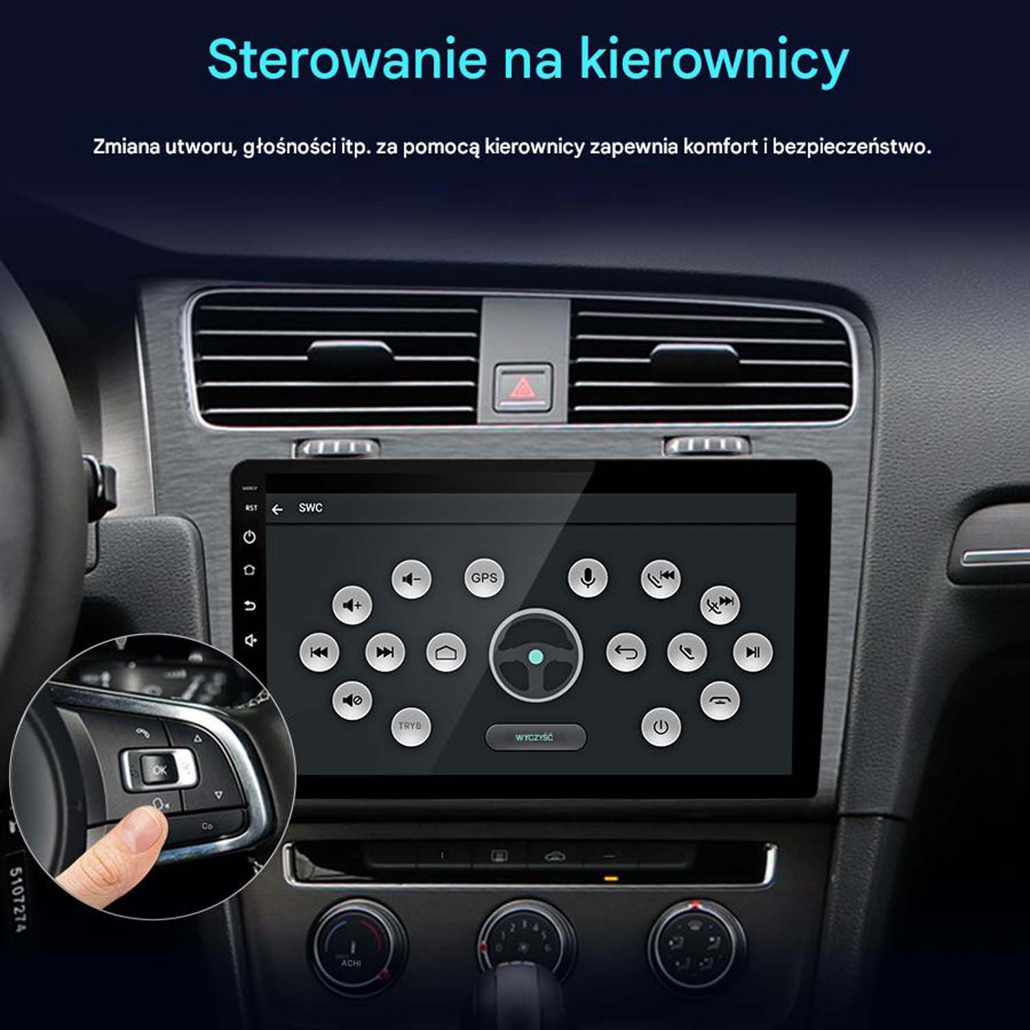 Deska rozdzielcza samochodu z opcjami sterowania kierownicą na ekranie. Tekst po polsku.