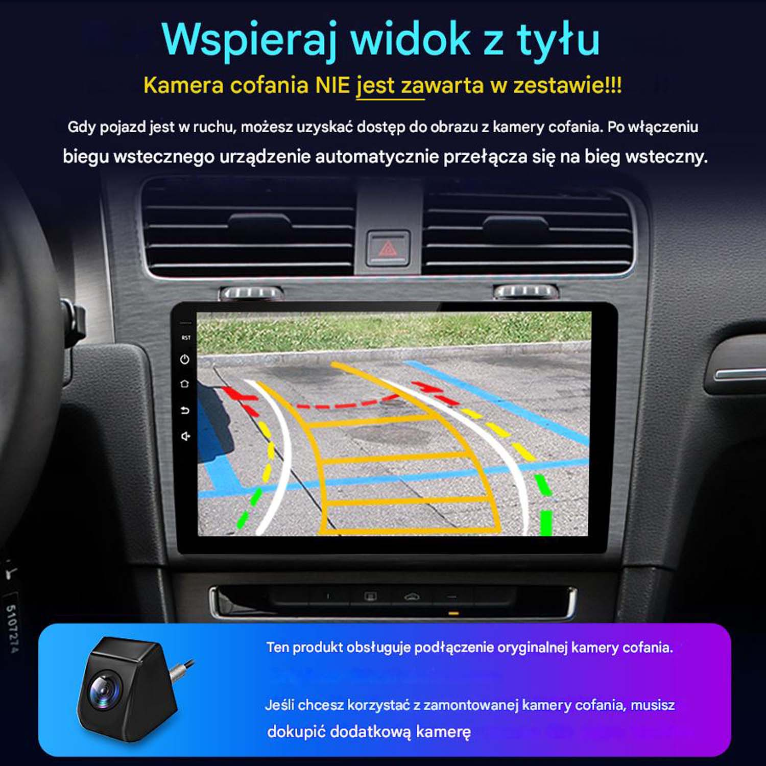 Deska rozdzielcza samochodu z ekranem z widokiem z kamery cofania. Tekst po polsku.