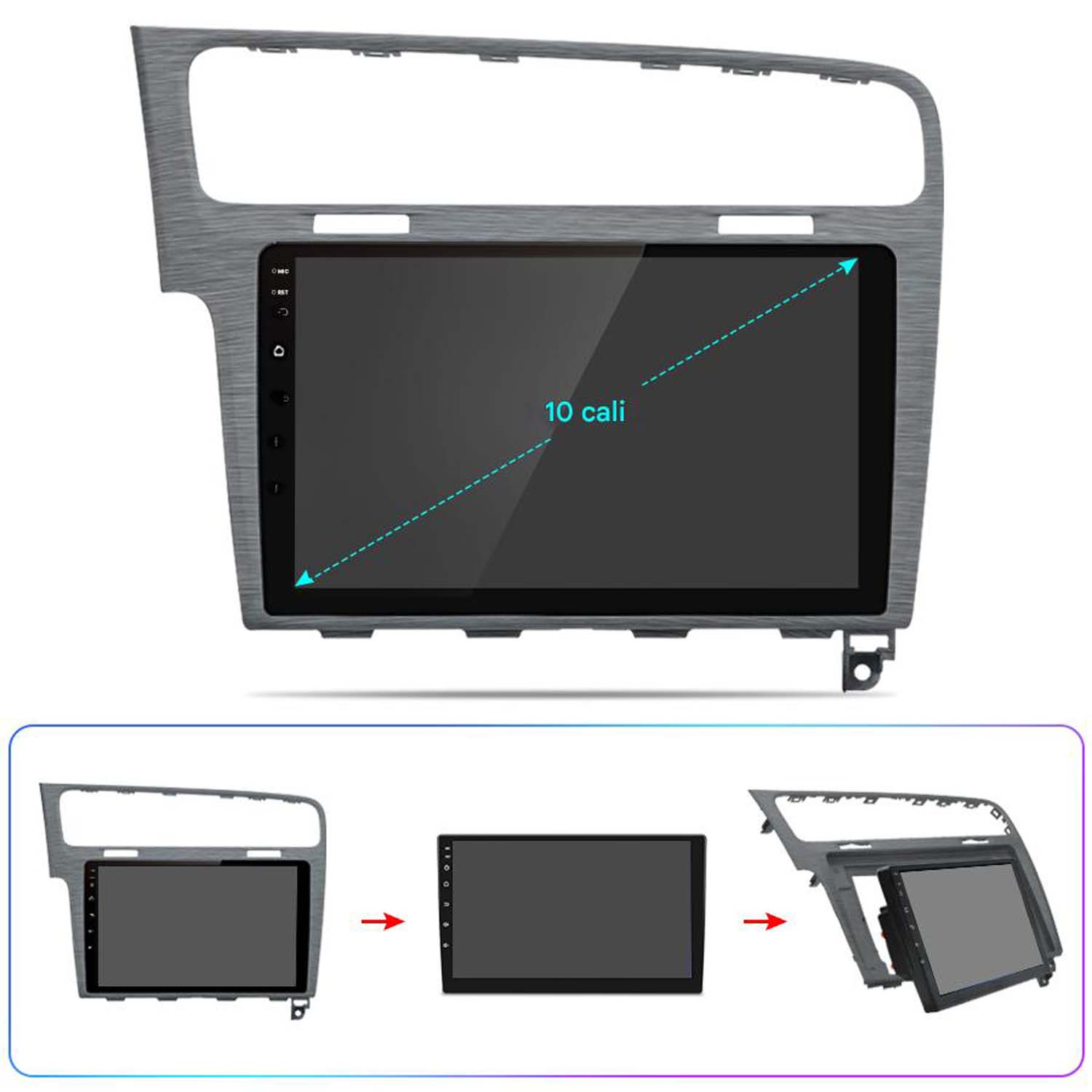 Ekran radia samochodowego z ekranem dotykowym. Ma ramę przypominającą drewno. Ekran pokazuje rozmiar w 10 Cali.