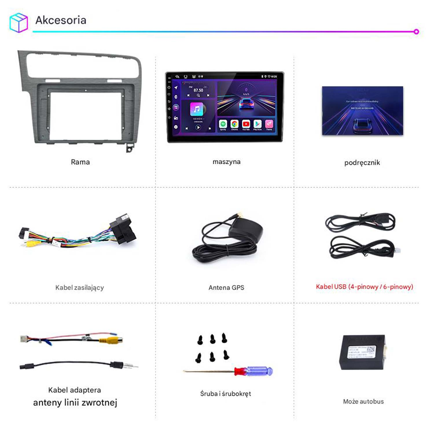 Elementy systemu multimedialnego samochodu: ramka, ekran, kable, antena, śruby itp. Tekst po polsku.
