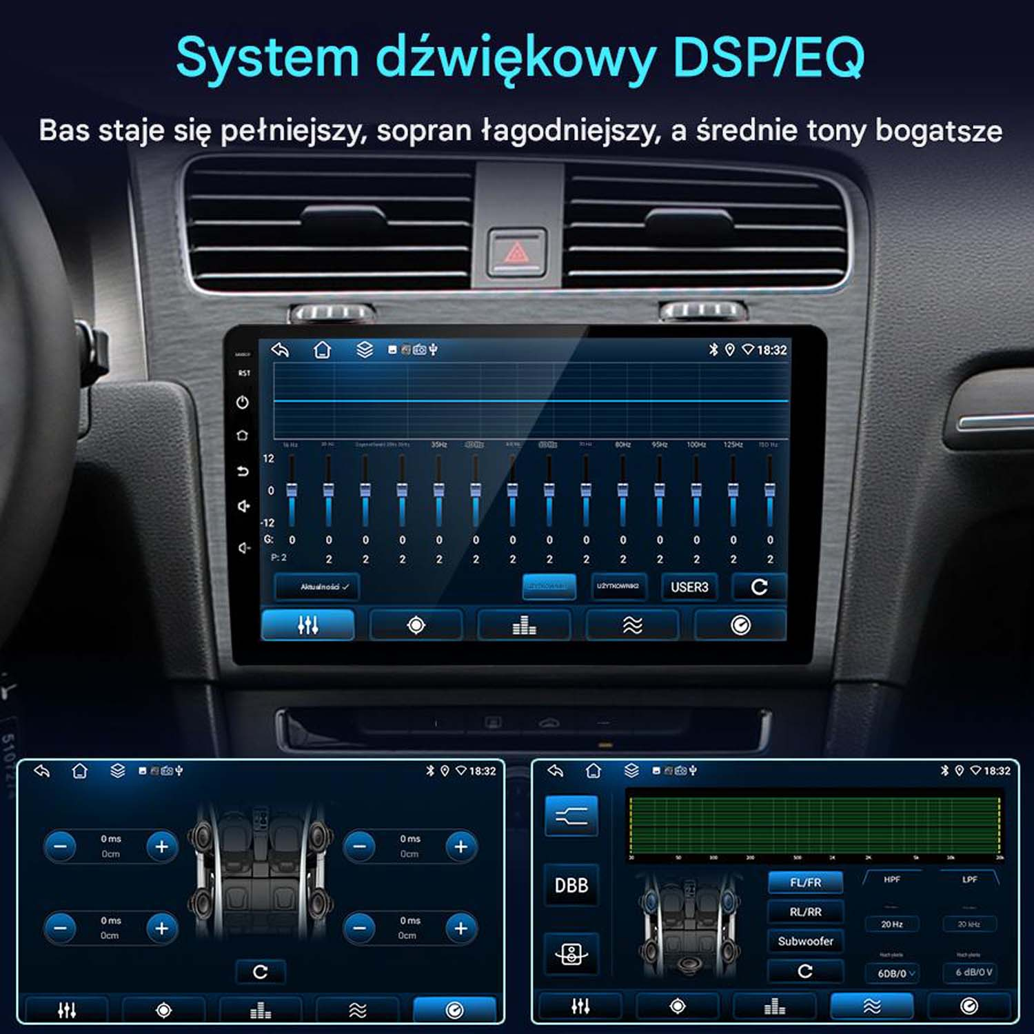 Ekran multimedialny samochodu pokazujący ustawienia DSP/EQ. Wiele pasków korektora i inne opcje sterowania.