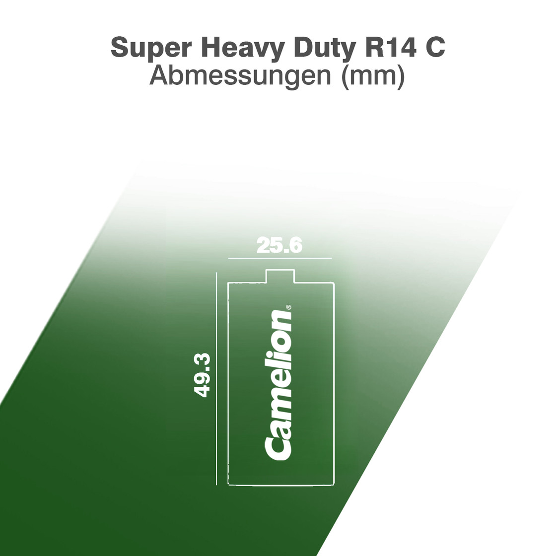 Schemat baterii dla Camelion Super Heavy Duty R14 C. Wymiary to 49,3 mm x 25,6 mm.