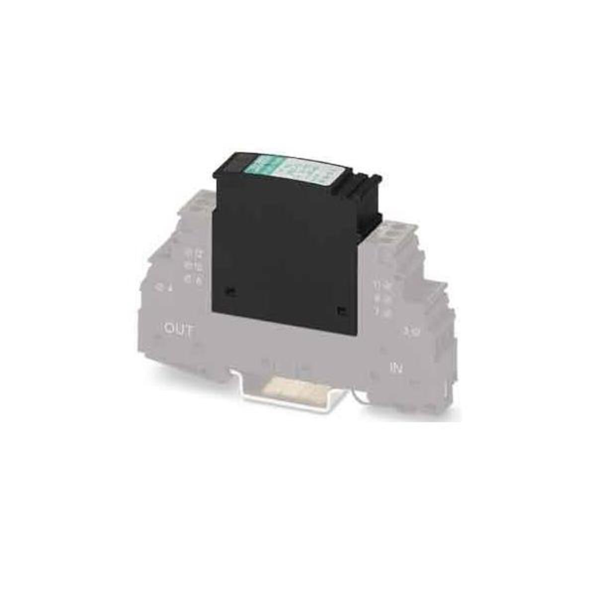 Czarny komponent elektroniczny na szarych szynach, z oznaczeniami OUT i IN.